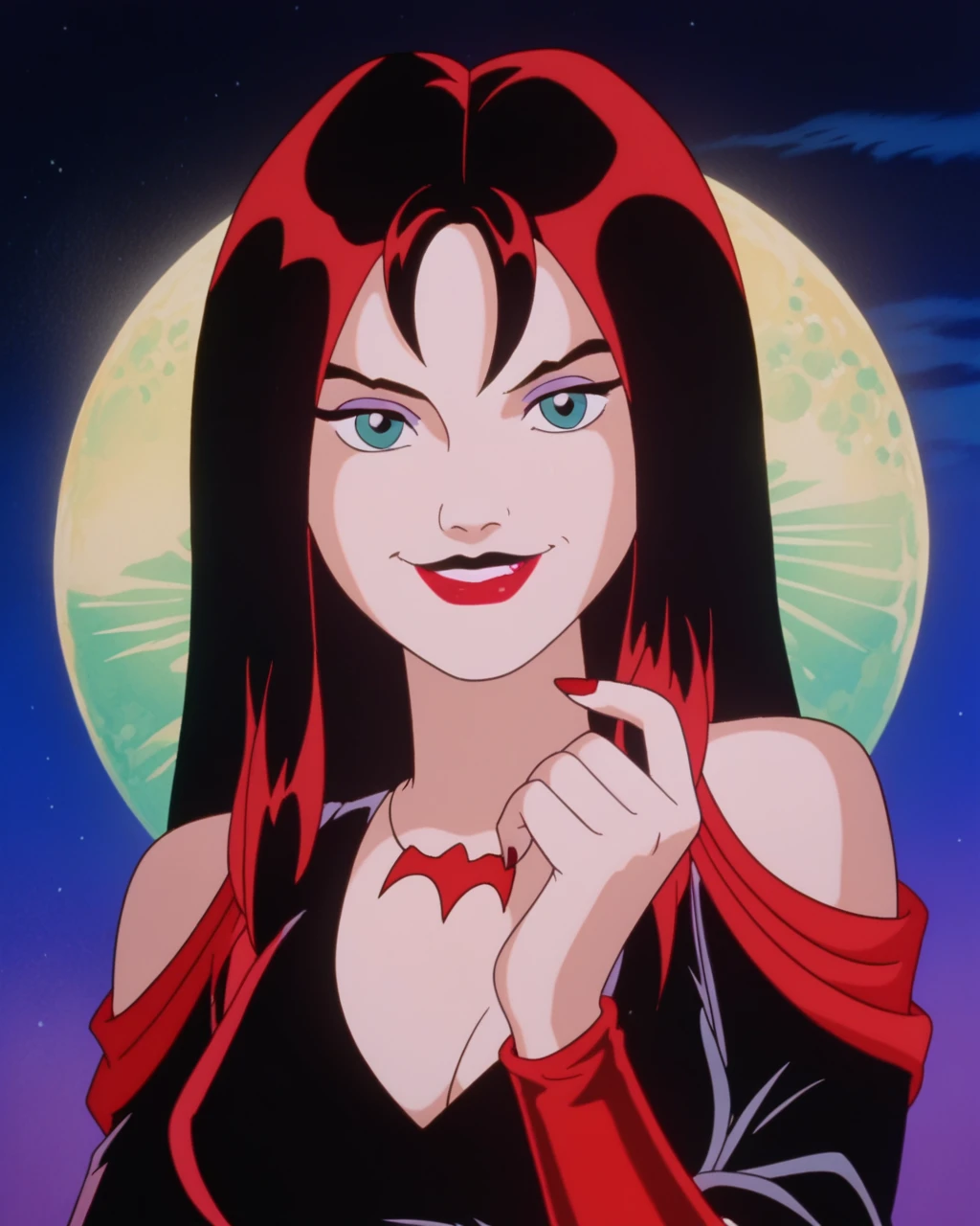 score_9, score_8_up, score_7_up, zPDXL, <lora:Scooby-Doo_1999_style:0.90> Thornhex, black hair, red highlights , SD90style, retro artstyle, source_cartoon, 2D, 1girl, red nails, blue eyes, red lips, black dress, long hair, looking at viewer, breasts, lipstick, makeup, upper body, smile