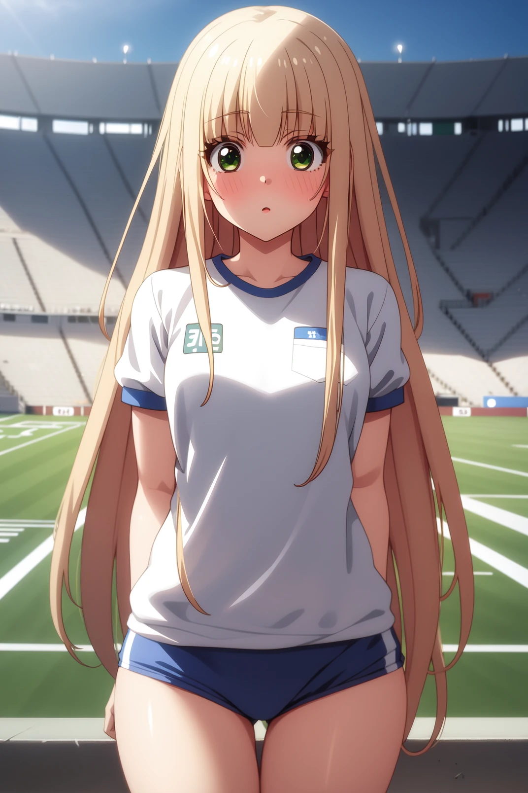 solo, masterpiece, best quality, outdoors, stadium, cowboy shot, standing, blush, :o, closed mouth, looking at viewer, Izumi, green eyes, blonde hair, long hair, blunt bangs, white shirt, short sleeves, gym uniform, blue buruma