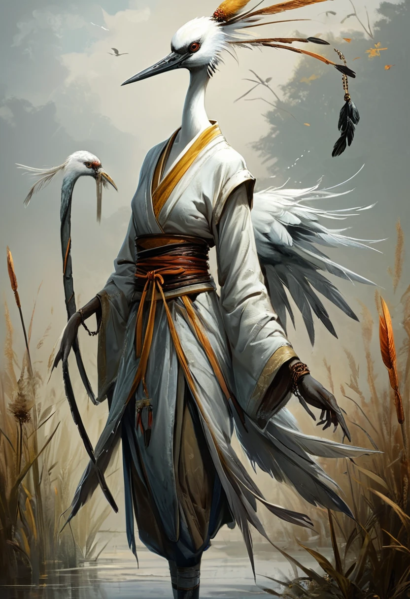 <lora:artfullyCRANEMONK_SDXL_v1:1>, artcrnmnk, character concept, illustration, crane master, monk, 
masterpiece, intricately detailed, best quality, highest resolution, normal fingers, 
dress, nature, bandages, belt, arm behind back, feathers, sarashi, jewelry, broom, dragonfly