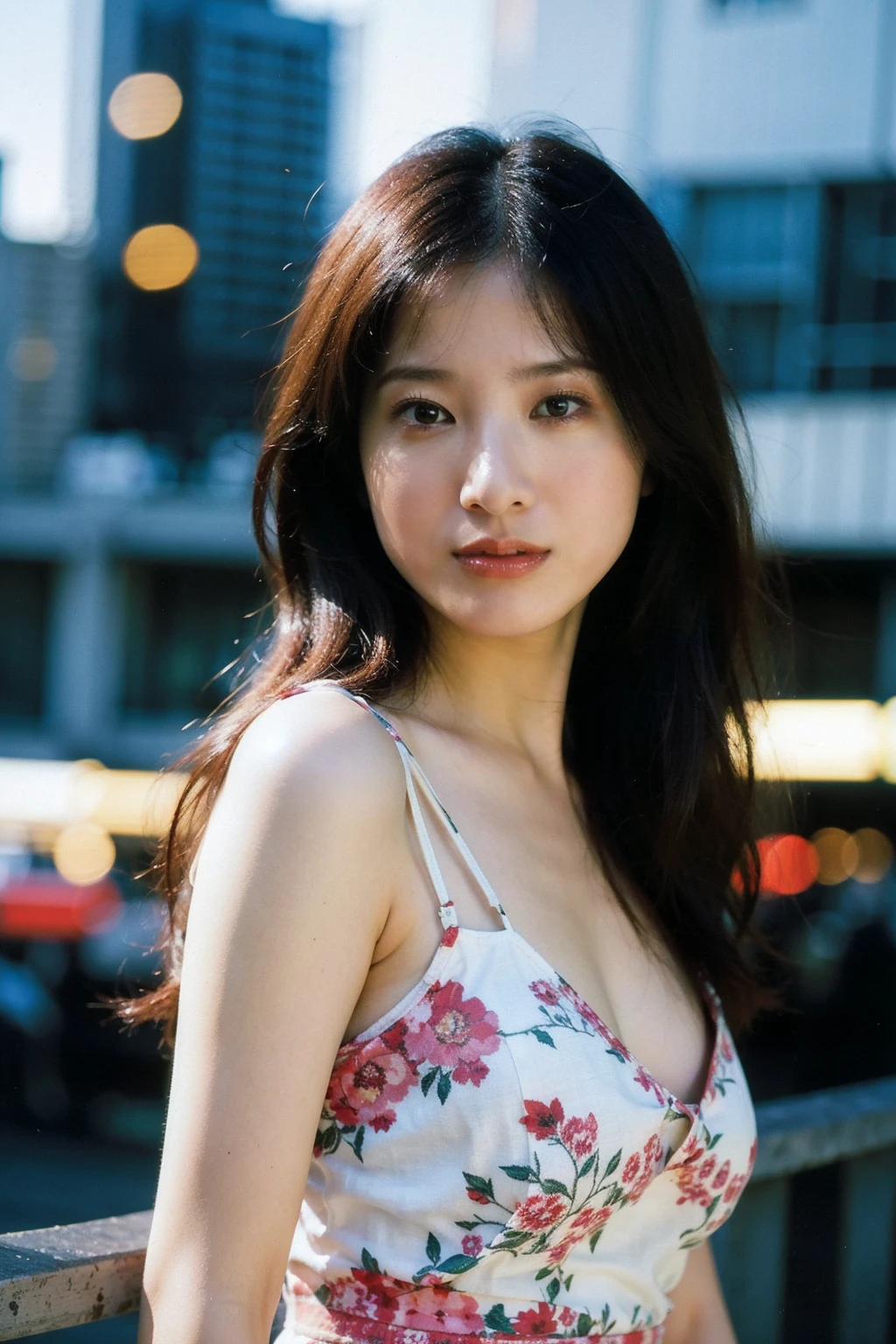 Best quality, masterpiece, ultra high res, (photorealistic), raw photo,1girl, skinny, upper body,solo, realistic, looking at viewer, long hair, bokeh background, city streets,brown eyes, bohemian dress,  <lora:makina69_yoshitakayuriko_v1.0:1>