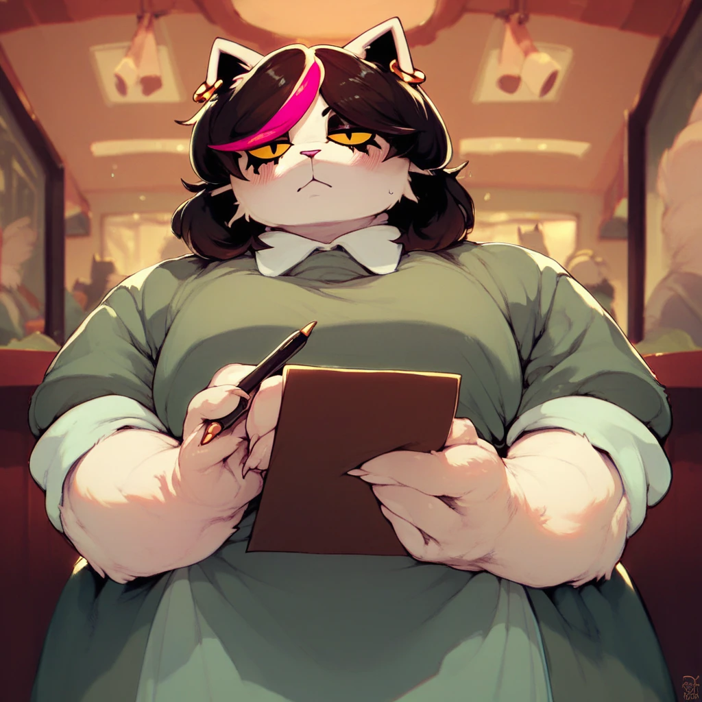 score_9, score_8_up, score_7_up, catti (deltarune), white fur, black hair, pink hair, multicolored hair, yellow eyes, mascara, makeup, ear piercing, cat, furry female, waiter outfit, 1girl, holding notepad, holding pen, looking at viewer, half-closed eyes