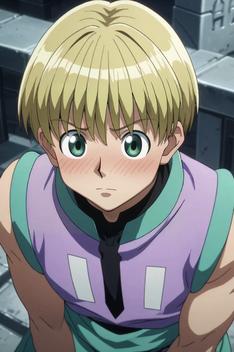 score_9, score_8_up, score_7_up, source_anime, rating_safe, , semi-realistic, , , 1boy, solo, male focus, <lora:shalnark_ryuseih_pony:0.9>, shalnark_ryuseih, blonde hair, green eyes, short hair, , from above, cemetery, dark, slouching, embarrassed, nose blush, , <lora:sdxl_lightning_8step_lora:1>