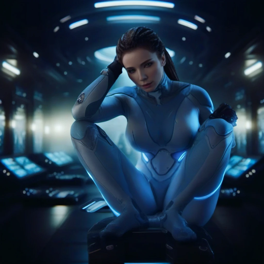 cinematic photo a woman in an armored bodysuit,  sitting, spaceship background <lora:SarahKerrigan1024:0.8> . 35mm photograph, film, bokeh, professional, 4k, highly detailed