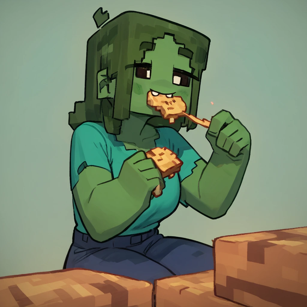 score_9, score_8_up, score_7_up, score_6_up, score_5_up, score_4_up, source_anime,  mcZombie, minecraft, sitting, eating, happy