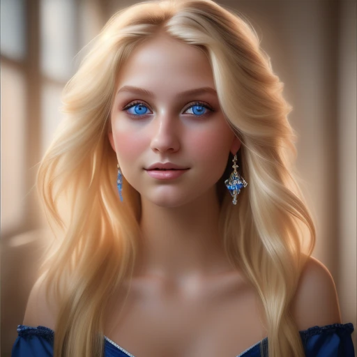 1girl, 18 years old,  tone, and fit, voluptuous ,white, blonde hair cascading in long locks ,blue eyes, warm smile gracing her lips, looking at viewer , solo, ultra clear, vivid lights, highly detailed, digital painting