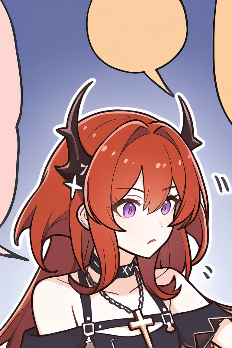 1girl,solo,simple background,<lora:42:0.8>,1girl,surtr_\(arknights\),solo,horns,purple_eyes,red_hair,long_hair,choker,comic,black_choker,official_alternate_costume,necklace,off_shoulder,short_sleeves,cross_necklace,bangs,hair_between_eyes,demon_horns,, <lora:pcrQ:1>, masterpiece, best quality, very aesthetic, absurdres