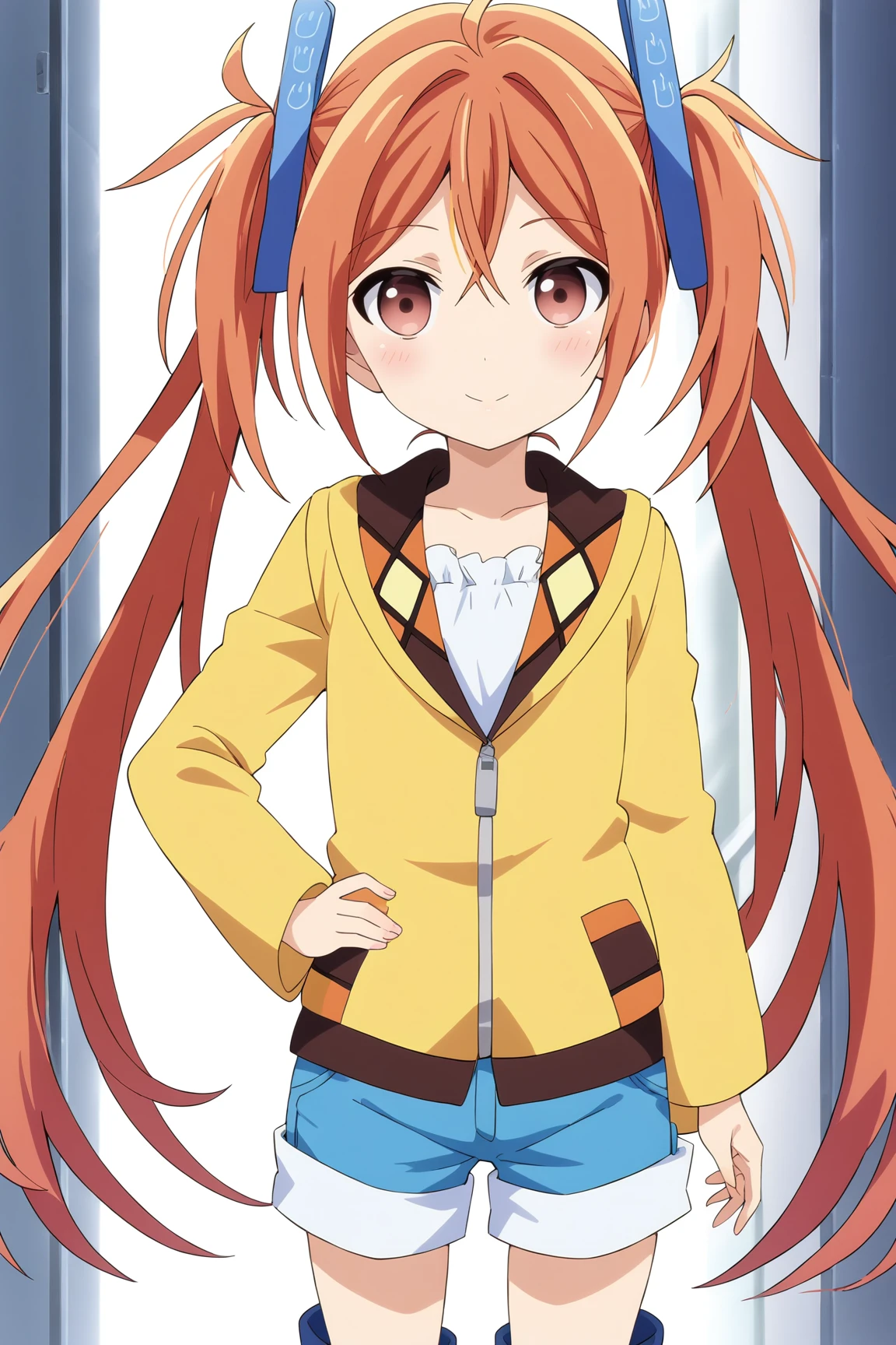 score_9, score_8_up, score_7_up, source anime, prefect lighting, very aesthetic, BREAK, anime screencap, anime coloring,
<lora:aihara_enju_v1-pony6:0.9>, 1girl, aihara enju, black bullet, orange hair, long hair, flat chest, twintails, blue hair ornament, 
BREAK, looking at viewer, light smile, blush, knee boots, shorts, 
BREAK,