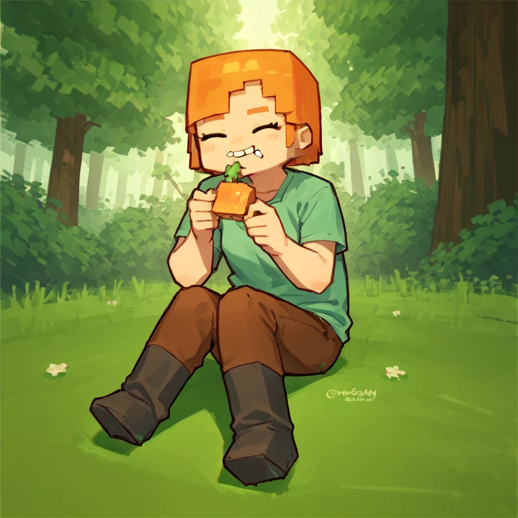 score_9, score_8_up, score_7_up, score_6_up, score_5_up, score_4_up, source_anime,  mcAlex, 1girl, orange hair, forest, happy, sitting, eating