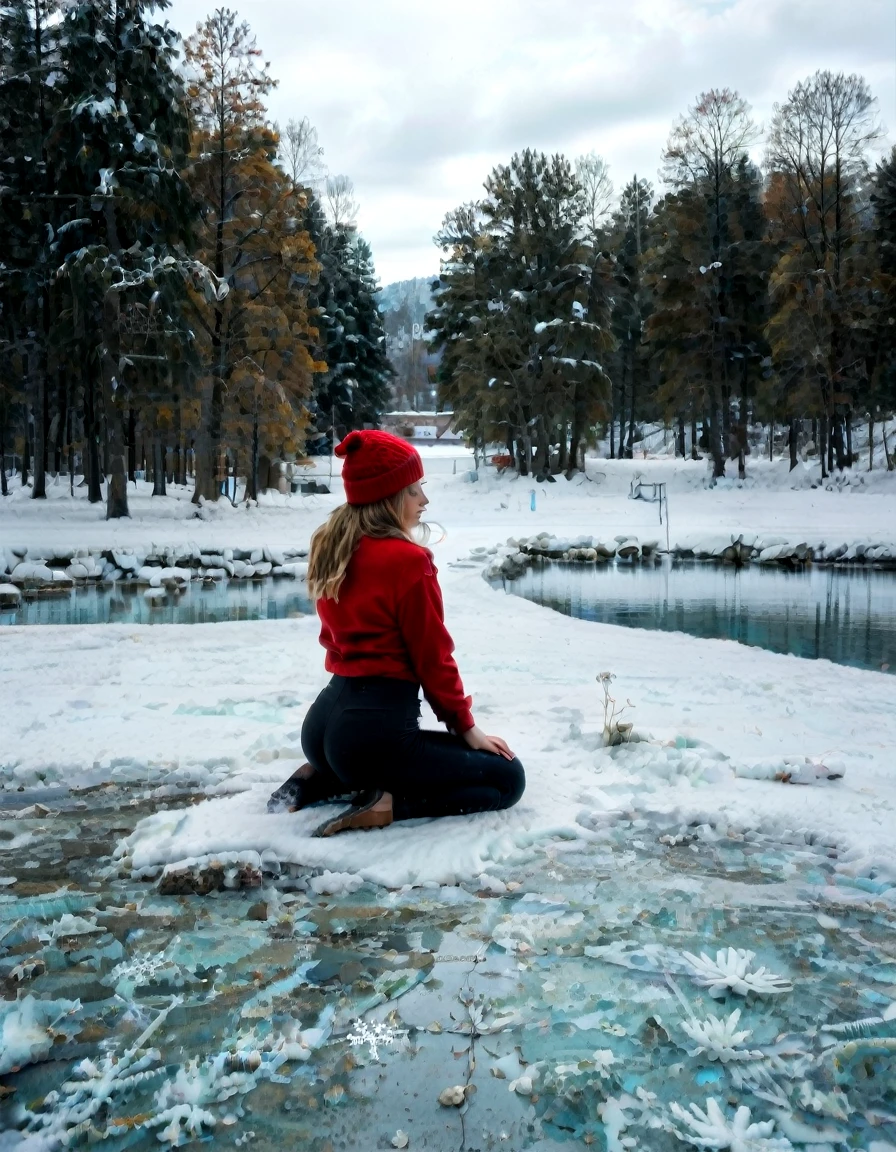 (sharp focus, 8K Resolution, golden hour, light leak, real life:1.4)shot from behind, petite gorgeous brunette white girl, (((narrow waist, insanely wide hips, insanely big ass))), straddling a rock, on a dirt path, in a SNOWY LANDSCAPE, beanie, sweater, (black spandex leggings), <lora:EnvyZoomSliderXL01:-2>, sitting on the ground in a field, topless ((snow, winter, snowflakes, trees in the distance, icey pond)) <lora:WhiteScene:0.95> whitescene, snowing, snow, snow everywhere, ice