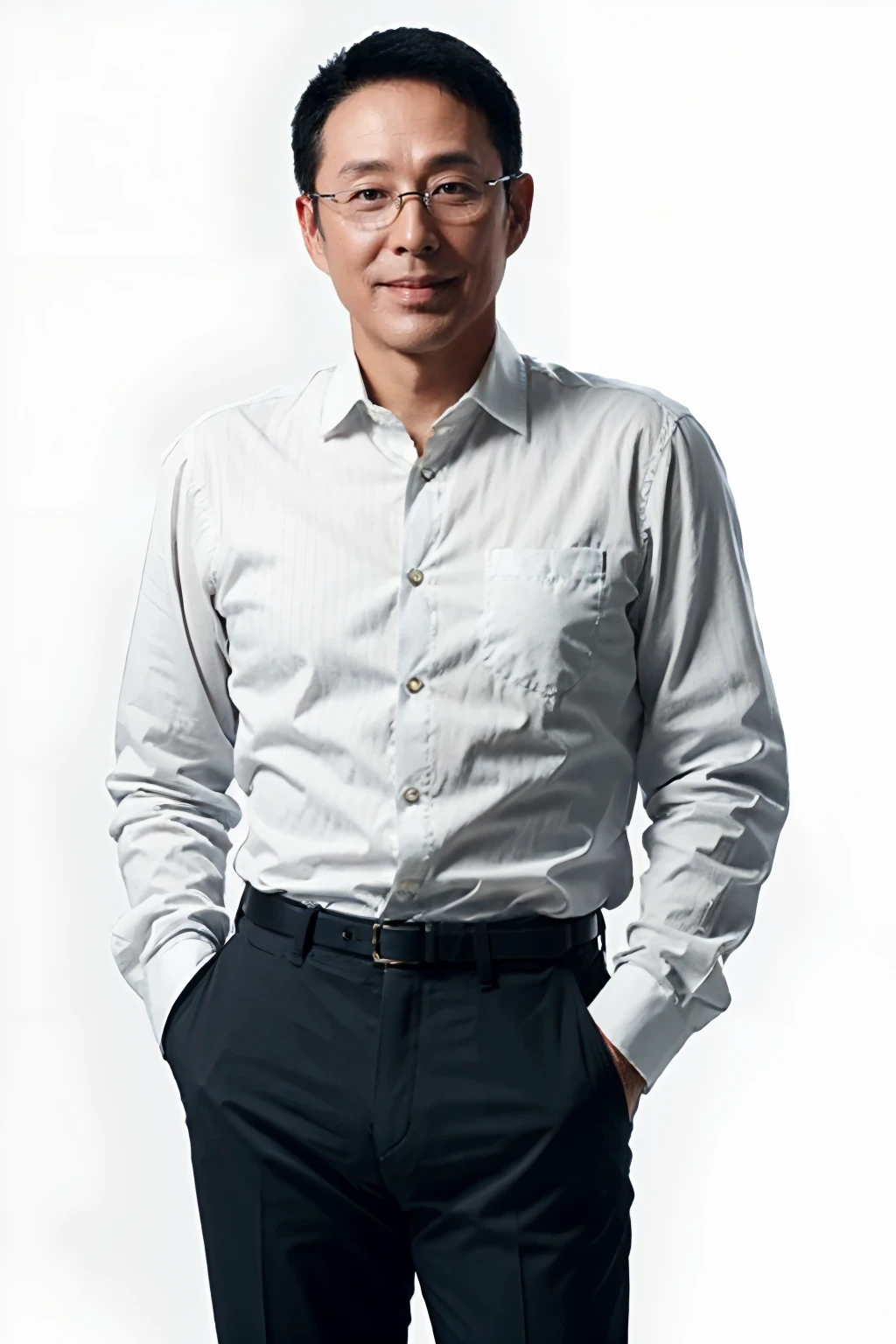 <lora:daoming1.0:0.75>,daoming,solo,1boy,male focus,(looking at viewer:1.2),short hair,very short hair,glasses,(smile:1.2),
white collared shirt,black pants,
hands in pockets,standing,full body,
simple background,
masterpiece,best quality,ultimate details,highres,8k,wallpaper,extremely clear,realistic,photorealistic,