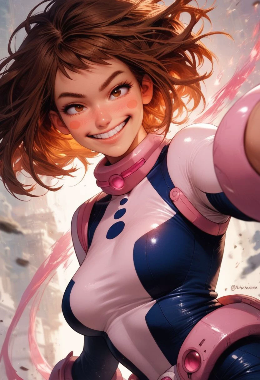 Action Scene, Action Pose, score_9, score_8_up, score_7_up, realistic, masterpiece, best quality, highly detailed, Expressiveh, flushed, Leg, 
1girl, ochako uraraka, \(My Hero Academia\)/,(ultra HD quality details), brown eyes, brown hair, short hair, blush, blush stickers,
superhero, bodysuit, skin tight, 
 Low Angle View, smug smiling, Bangs, darkness, blushed skin, galaxy vortex, translucent hair, smug Smile,