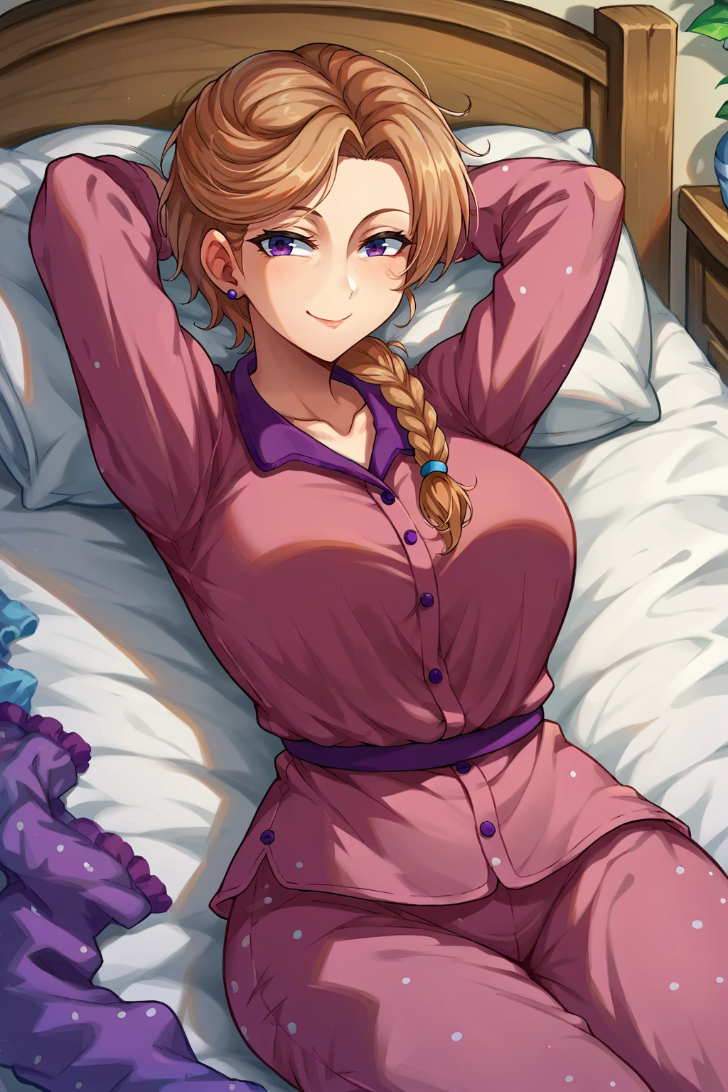 score_9,score_8_up,score_7_up,source_anime, 1girl, solo  <lora:NSJodiStardew:1> NSJodiStardew, light brown hair, purple eyes, single braid, stud earrings, mature, make-up, pajamas, messy hair, wide smile, content, hands behind head, bed, bedroom, indoors, lying