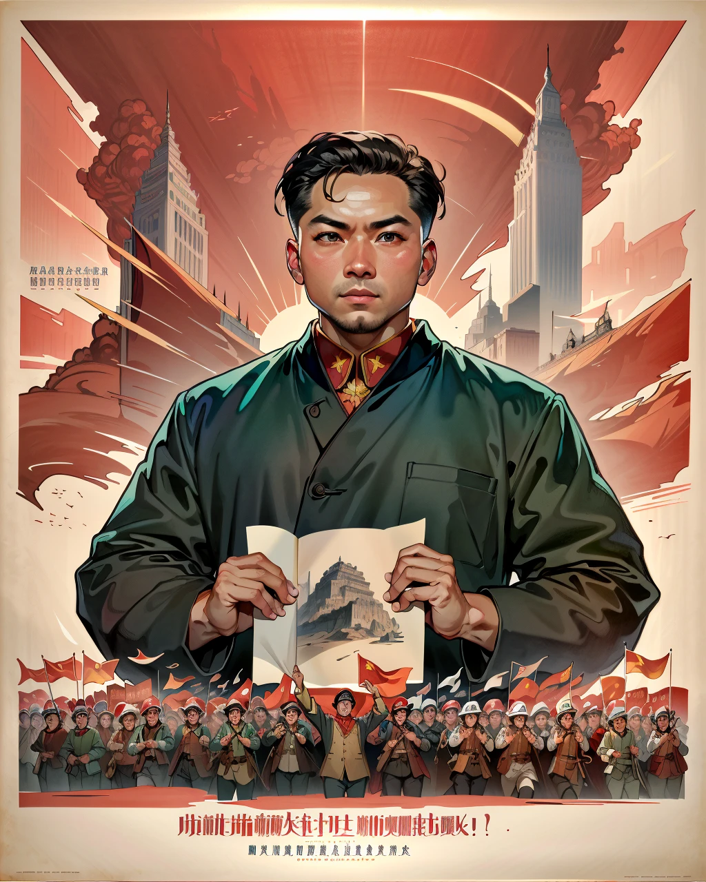 best quality,masterpiece,highly detailed,ultra-detailed, 
 <lora:neg9V2_last:0.7> workers,soliders,<lora:socialistrealism_last:1> 1boy, chineser text,
 <lora:chinese-propaganda-posters:1>chinese propaganda posters