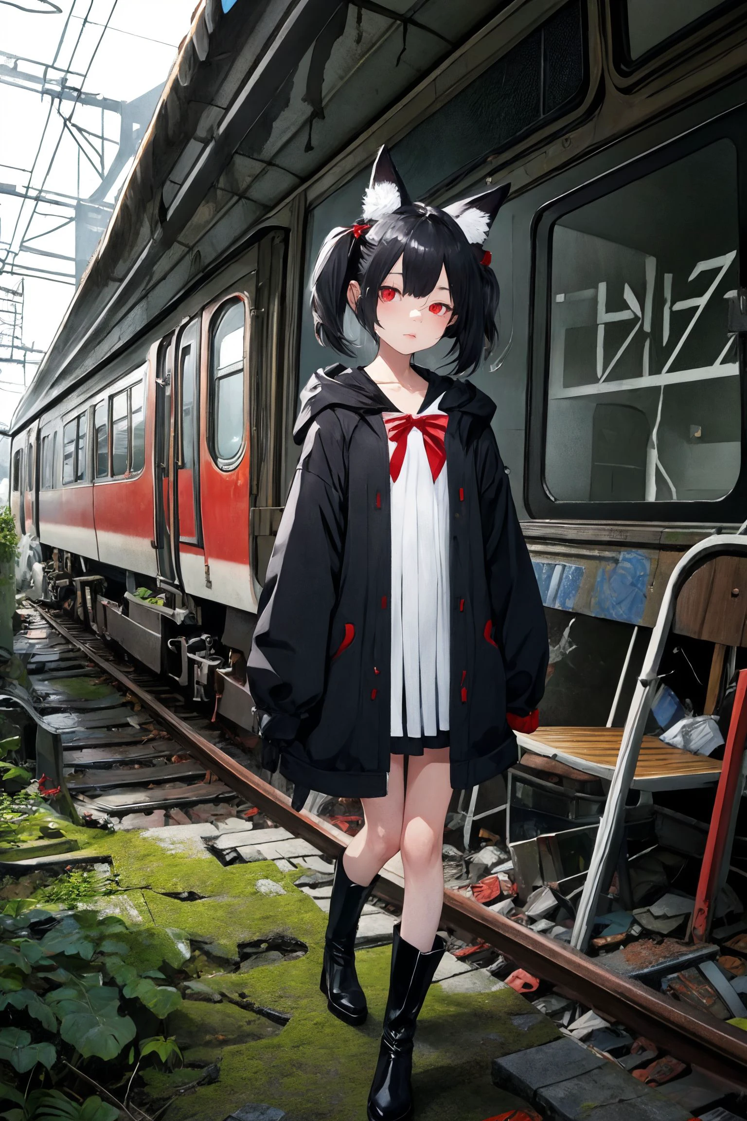 1girl,flat chest,shiny skin,short hair,black hair,ahoge,messy hair,payot,twintails,short twintails,animal ears,animal ear fluff,bat ears,bangs,hair between eyes,bat hair ornament,expressionless,empty eyes,red eyes,glowing eyes,white dress,short dress,pleated skirt,hooded jacket,black jacket,open jacket,open clothes,black hood,hood down,long sleeves,wide sleeves,sleeves past wrists,sleeves past fingers,black thighhighs,zettai ryouiki,boots,black footwear,abandoned train station,japan,overgrown,dilapidated,crumbling,vegetation,moss,broken windows,peeling paint,debris,graffiti,dark,eerie,ruins,urban exploration,masterpiece,best quality,official art,extremely detailed CG unity 8k wallpaper,artbook,