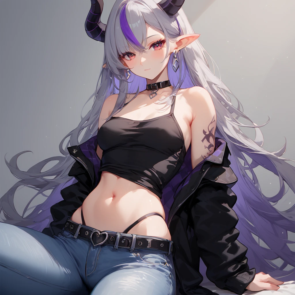 shighleg panties, bare shoulders, belt, black choker, black horns, black shirt, blue pants, choker, collar, denim, earrings, grey hair, jeans, jewelry, long hair, looking at viewer, multicolored hair, pointy ears, purple hair, shirt, small breasts, solo, tattoo, streaked hair, thigh gap<lora:Expressive_H:0.8> ExpressiveH <lora:enhancerV4-pony:0.8> <lora:Highleg_Panties_-_PonyXL:1> highleg panties,, score_9,score_8_up,score_7_up,highres, masterpiece,