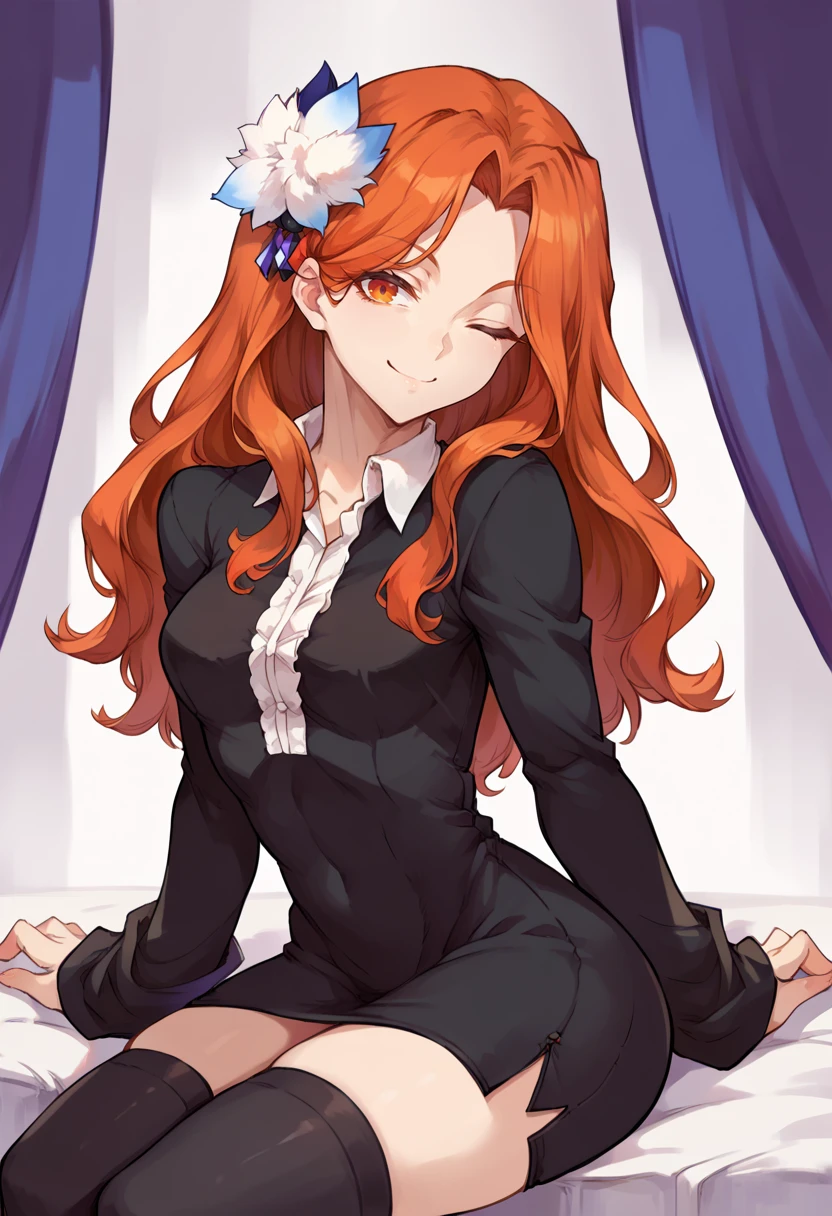 score_9, score_8_up, score_7_up, source_anime BREAK solo, 1girl, <lora:Hinako-pdxl_Fp-000006:1>, hinakokujou, orange hair, orange eyes, hair ornament, collared dress, hair down, black dress, sitting, black thighhighs, long hair, long sleeves, smile, one eye closed, looking at viewer,