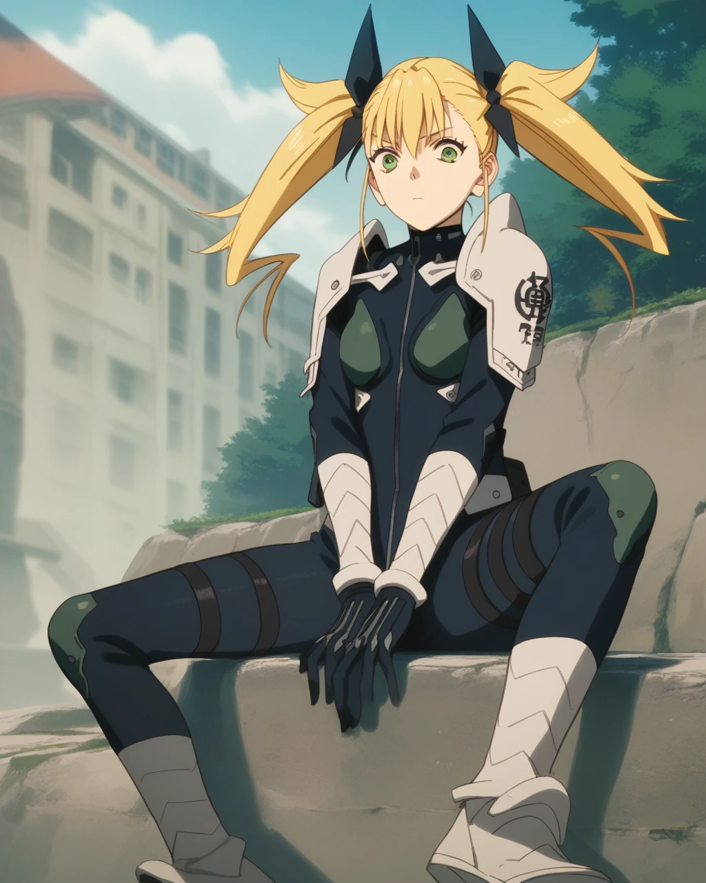 score_9, score_8_up, score_7_up, score_6_up, score_5_up, score_4_up, source_anime, screenshots, kikoru, 1girl, blonde hair, twintails, green eyes, hair ribbon, black ribbon, bangs, bodysuit, armor, <lora:KikoruShinomiya_PonyXL-000025:1>, sitting