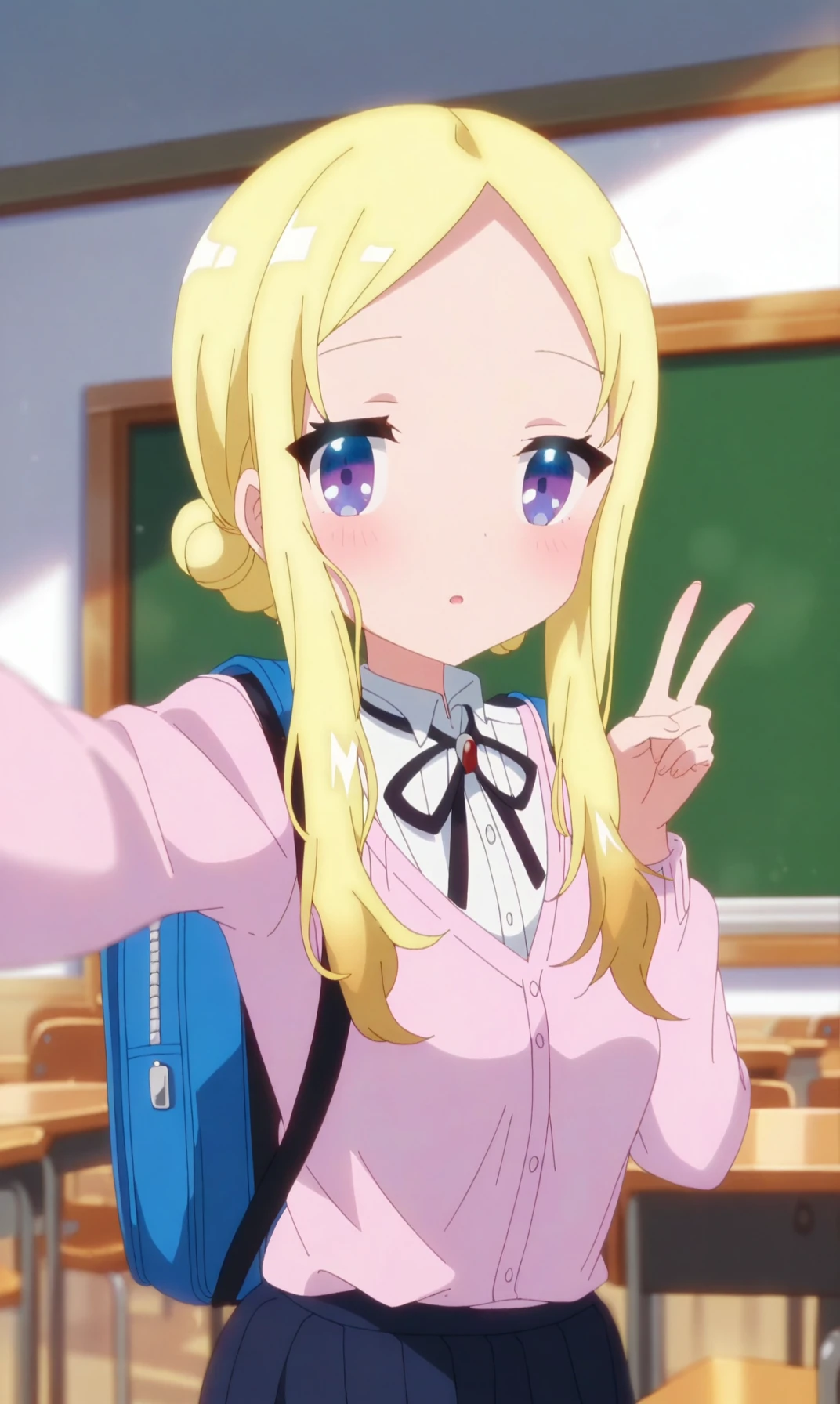 score_9, score_8_up, score_7_up, 1girl, blonde hair, solo, backpack, skirt, looking at viewer, purple eyes, classroom, bag, shirt, indoors, hair bun, parted lips, black ribbon, v, white shirt, neck ribbon, parted bangs, chalkboard, long hair, blush, school uniform, desk, ribbon, pleated skirt, school desk, collared shirt, sidelocks, forehead, selfie, black skirt, long sleeves, blurry, cardigan, chair, :o, school chair, pink cardigan, reaching towards viewer, randoseru, blurry background, hand up, dress shirt, reaching, depth of field, upper body, outstretched arm, small breasts, double bun, breasts, single hair bun, school bagrufuria