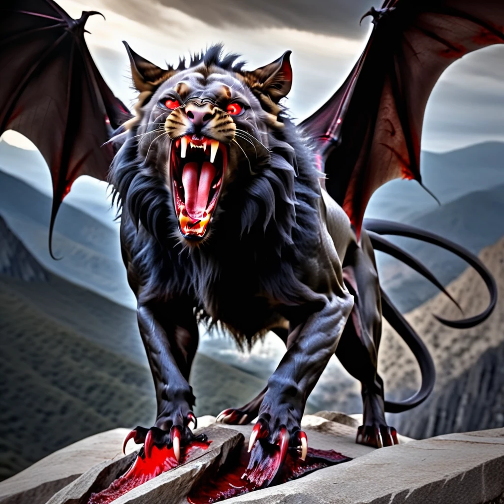 (masterpiece), best quality, large hybrid creature, all black, combine a vampire bat and a lion, (head of vampire bat, black lions mane, 4 sharp fangs,2 sharp teeth, mouth open snarling, red eyes), (lions body hairless, large sharp claws, large open bat wings, snakelike tail), mountain setting, one claw resting on remains of baby dragon