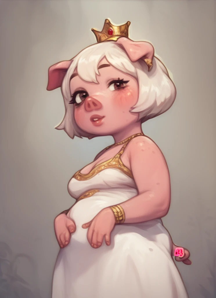 score_9, score_8_up, score_7_up, <lora:ppig_pony:0.9> 1 girl , pig nose , furry female, breasts, , white hair , solo , pig tail ,ppig, white dress, , crown ,looking at viewer, ,looking at viewer, <lora:PossumMachine:1>posmach