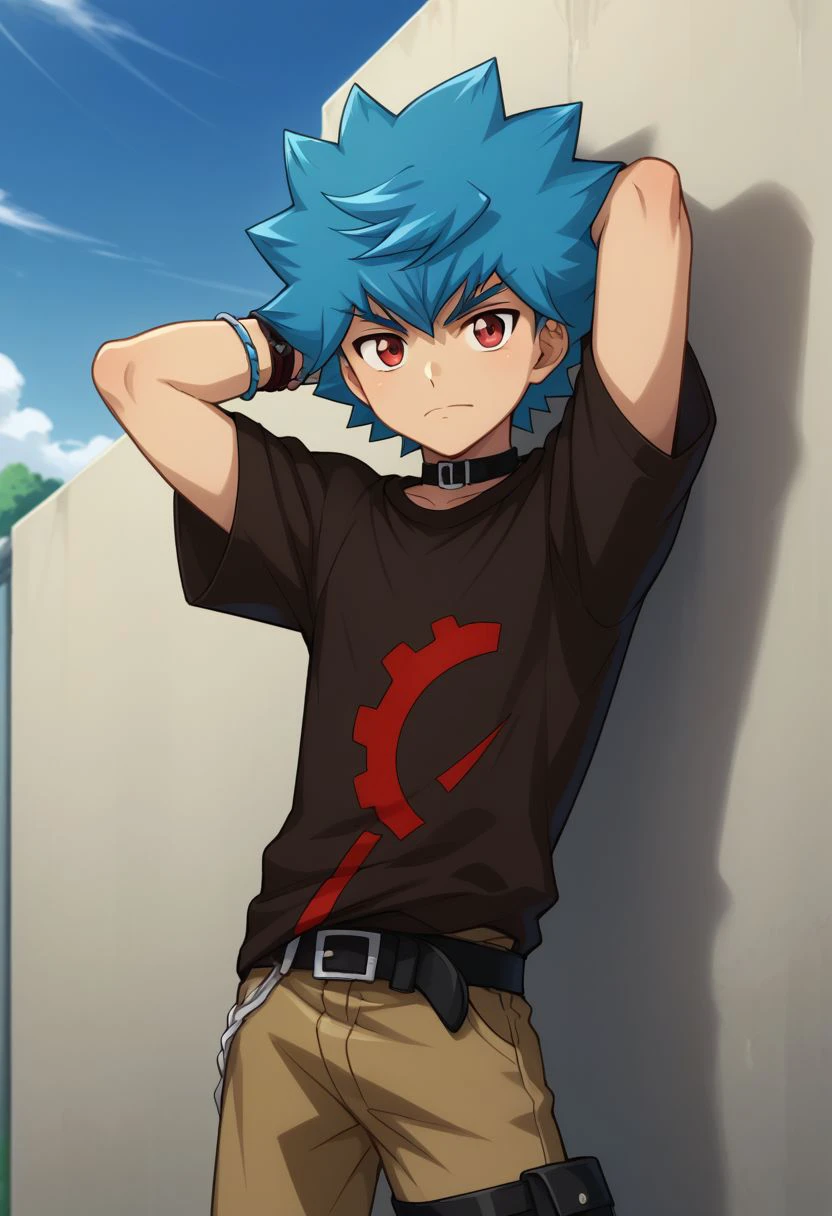 score_9, score_8_up, score_7_up, source_anime, highly detailed, 
luke, 1boy, male focus, solo, blue hair, red eyes, smile, closed mouth, spiked hair, belt, t-shirt, jewelry, shirt, printed t-shirt, looking at viewer, bracelet, pants, arms behind head, frown, bored,
outdoor,