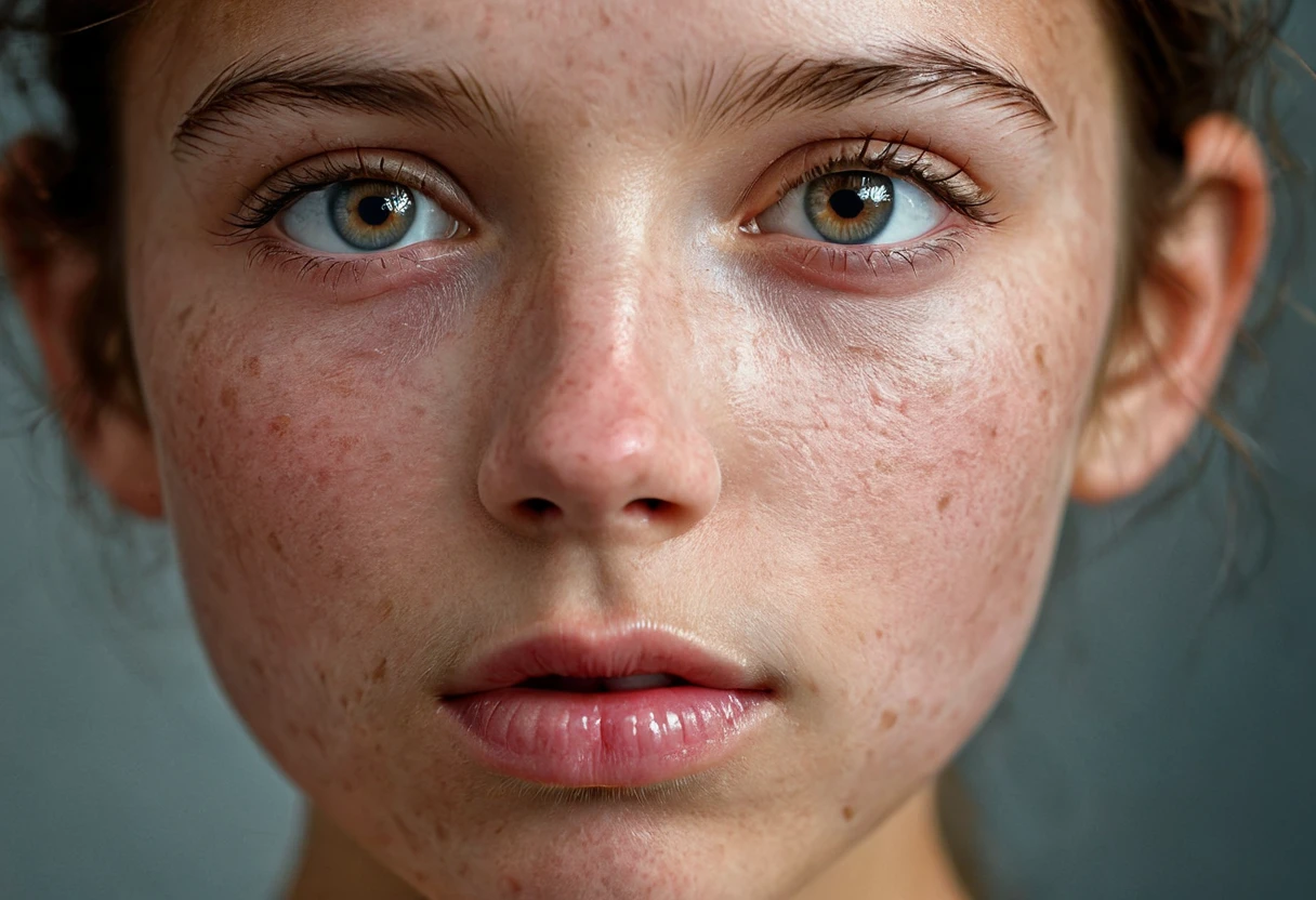 (RAW high-end (telephoto lens) photography by Martin Deschambault, Hassleblad camera), beautiful light, color corrected, symmetrical composition. girl's gorgeous ((wide slightly apart)) lips close-up, (natural human skin with visible pores and minor blemishes, very detailed, cluttered skin:1.5)