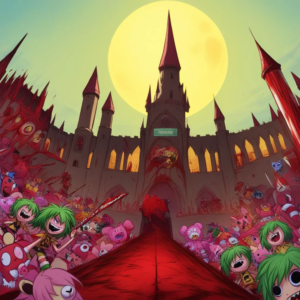 massacre, gore, crazy woman standing wielding an axe, green hair, kawaii, striped stockings, crop top, graphic novel angles, unique angle, detailed sketch, fantasy background, fantasy cityscape, castle in the distance, massacre of stuffed animals