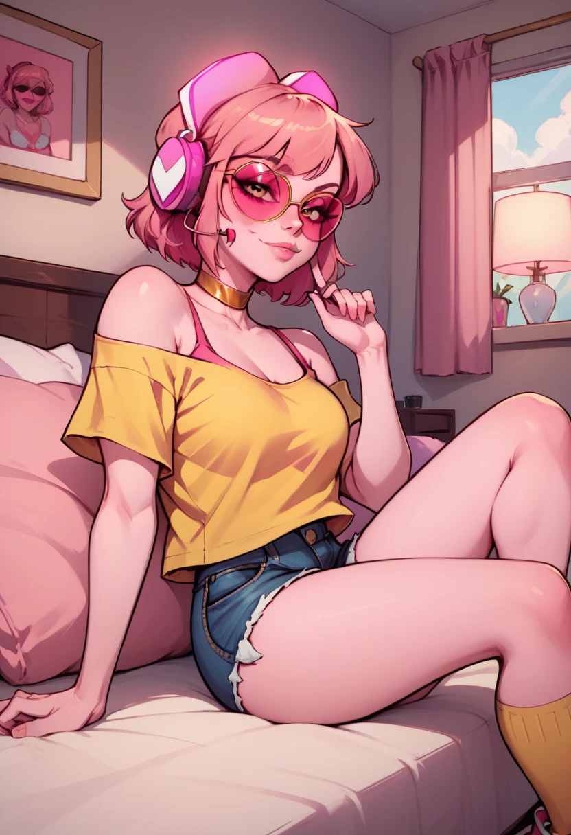 score_9, score_8_up, score_7_up, <lora:Miss_Heed_PDXL2:1> missheedxl, pink hair, pink skin, short hair, medium breasts, golden choker, pink headphones, headset, pink sunglasses, bedroom, denim shorts, sitting, oversized yellow t shirt, yellow socks, pink sneakers,