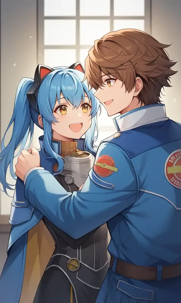 score_9, score_8_up, score_7_up, source_anime, BREAK, indoors, 1boy, 1girl, happy, hug, BREAK, 1boy, lloyd, brown hair, brown eyes, blue jacket, turtleneck, BREAK, 1girl, tio, blue hair, twintails, yellow eyes. smile, fake animal ears, cape, petite, small breasts