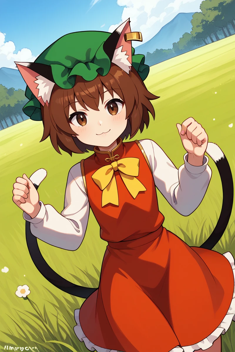 score_9, score_8_up, score_8, score_9, 1 girl,  source_anime, <lora:chen_pony-10:1>, chen, brown hair, brown eyes, cat ears, red dress, long sleeves,  green hat, mob cap, two tails, flat chest, white_sleeves, yellow ribbon, frills, <lora:Mangamaster-style_v10:0.4> mangamaster, detailed background, grass, outdoors, cowboy shot, [dutch angle], [smile]