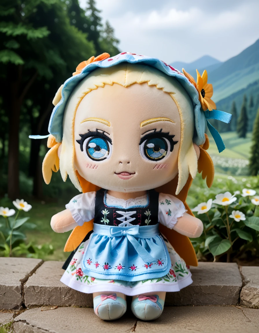 score_9, score_8_up, score_7_up,
source_photo,
1girl wearing dirndl dress, floral print,
 fantasy  background, scenery,
 <lora:dirndl_v2:1>
 <lora:woafu_plushify_pony:0.8> plushify, character stuffed toy, chibi