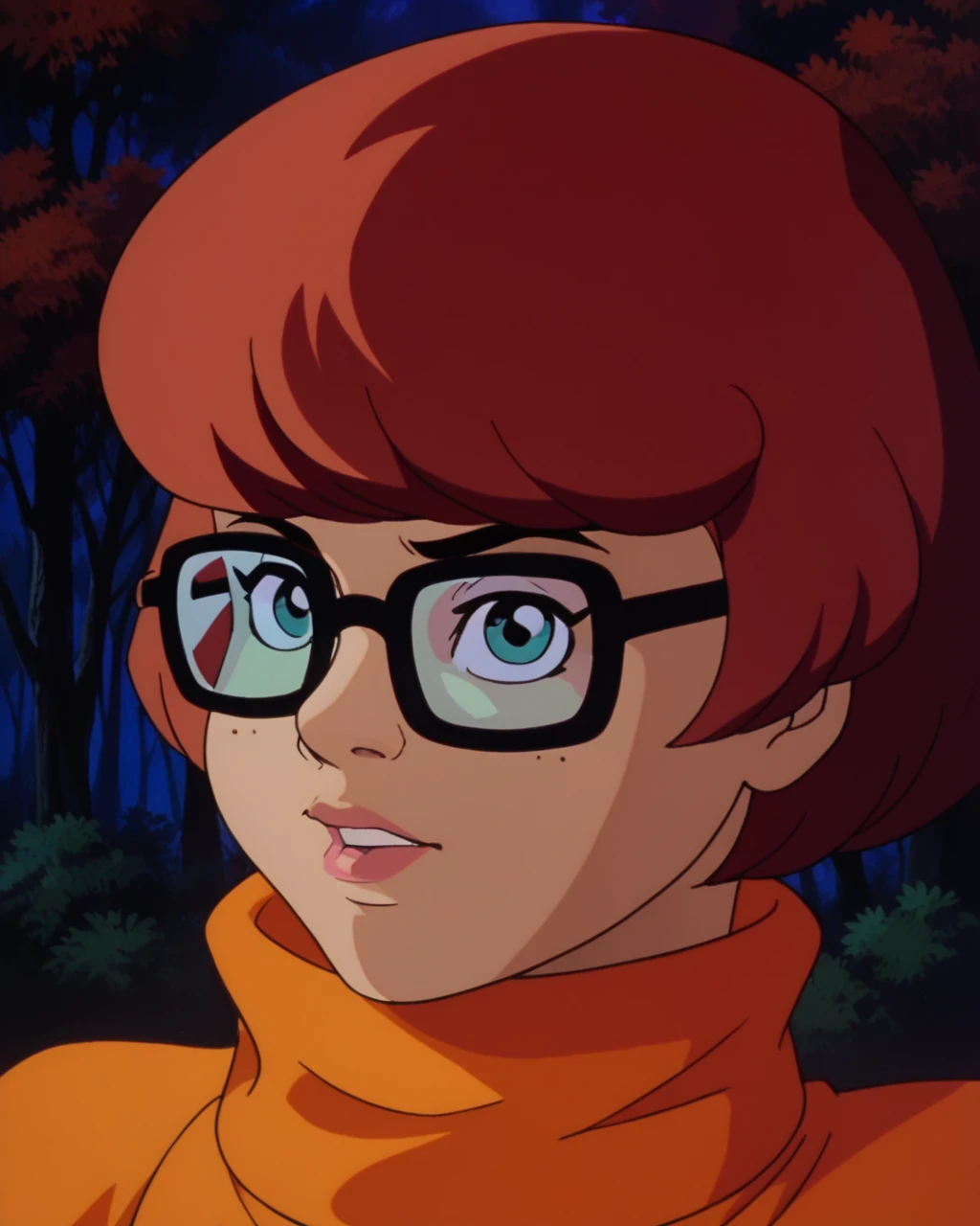 score_9, score_8_up, score_7_up, zPDXL, <lora:Scooby-Doo_1999_style:0.95>sd90style, retro artstyle, source_cartoon, 2D, 1girl, velmadinkley , glasses, turtleneck sweater, dark background, forest, looking at viewer