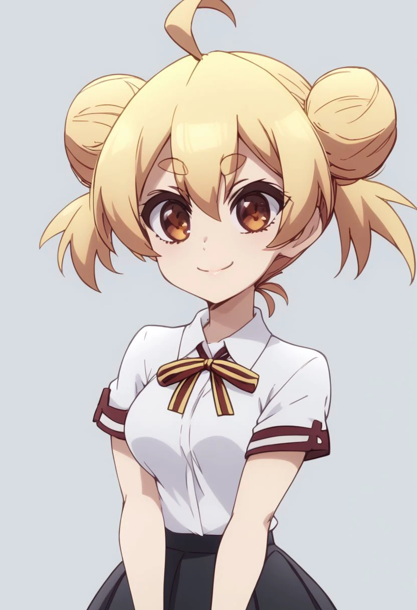 score_9, score_8_up, score_8, medium breasts, (curvy), cute, eyelashes,       
zzgakumazawatatsuko, bangs, blonde hair, hair between eyes, brown eyes, ahoge, hair bun, double bun, thick eyebrows, school uniform, neck ribbon, white shirt, collared shirt, short sleeves, black skirt, , 
smile, zPDXL, p4st3lg0r3