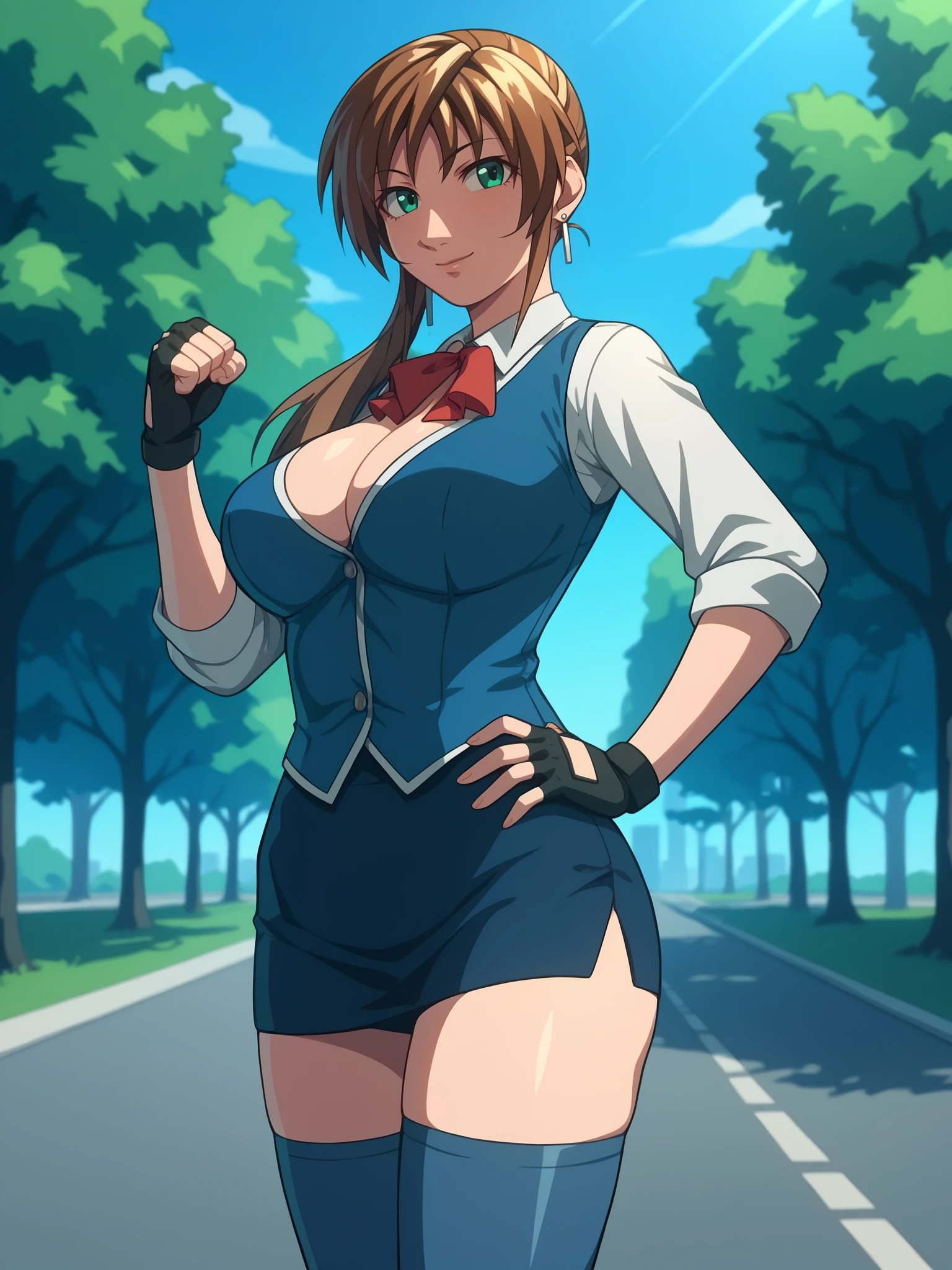 score_9, score_8_up, score_7_up, score_6_up, uncensored, BREAK,
Imari Kurumi is standing, hand on own hip, arm up, clenched hand,  cowboy shot, 
1girl, solo,
looking at viewer, light smile,
brown hair, sidelocks, side ponytail, green eyes, earrings, hair tie,
white shirt, blue vest, blue miniskirt, grey thighhighs, fingerless gloves, 
curvy, large breasts, cleavage, thighs,
outdoors, tree, park, city, day, blue sky,
<lora:Imari Kurumi3216PDXL:1>