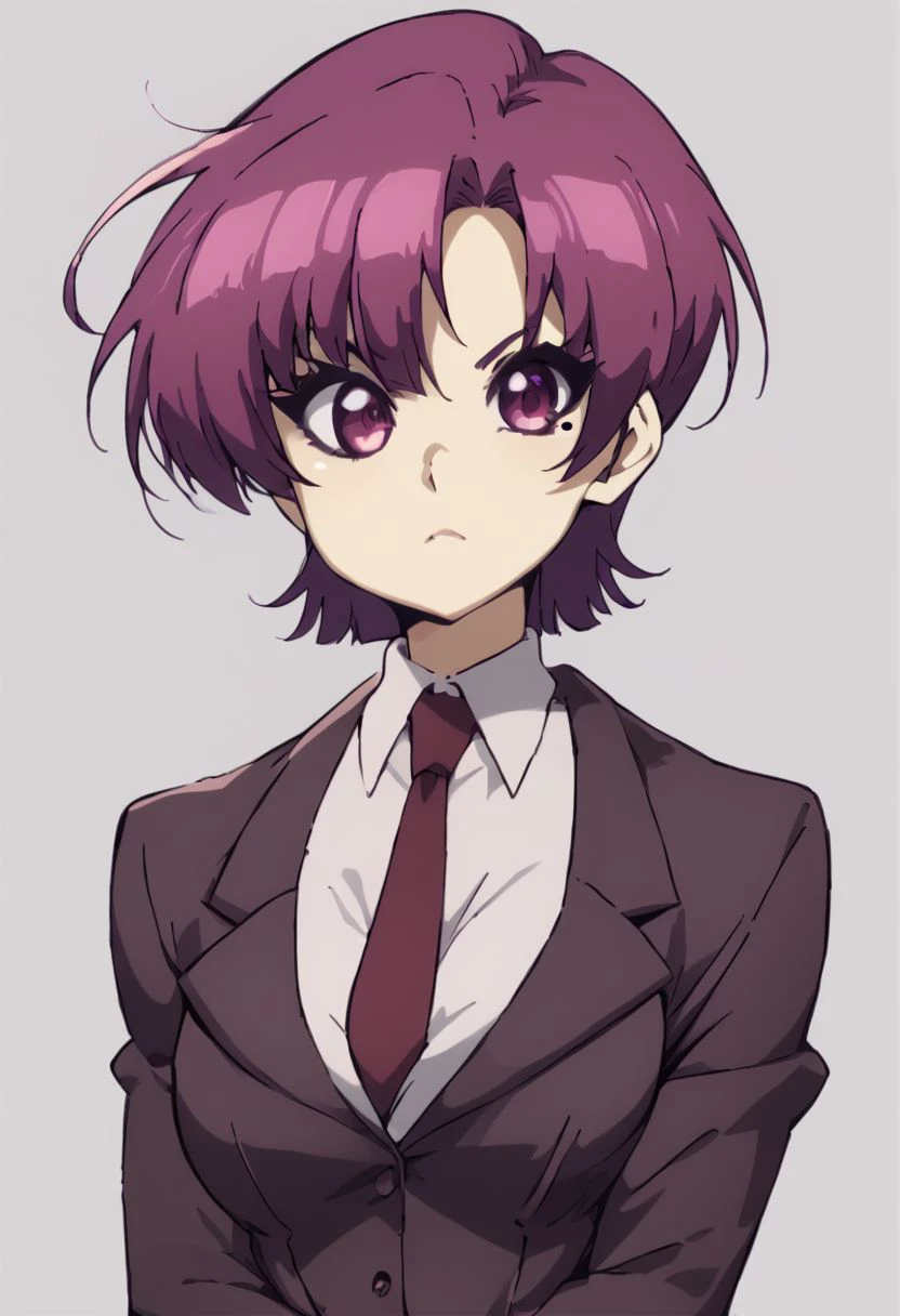 score_9, score_8_up, score_8, medium breasts, (curvy), cute, eyelashes,      zzBazett, short hair, purple eyes, purple hair, mole under eye, necktie, formal black suit,  , zPDXL,