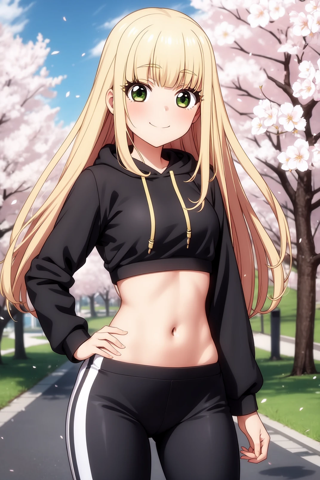 solo, masterpiece, best quality, outdoors, street, cherry blossoms, cowboy shot, standing, blush, smile, closed mouth, looking at viewer, Izumi, green eyes, blonde hair, long hair, blunt bangs, hoodie, long sleeves, navel, yoga pants, high-waist pants, hand on hip, crop top