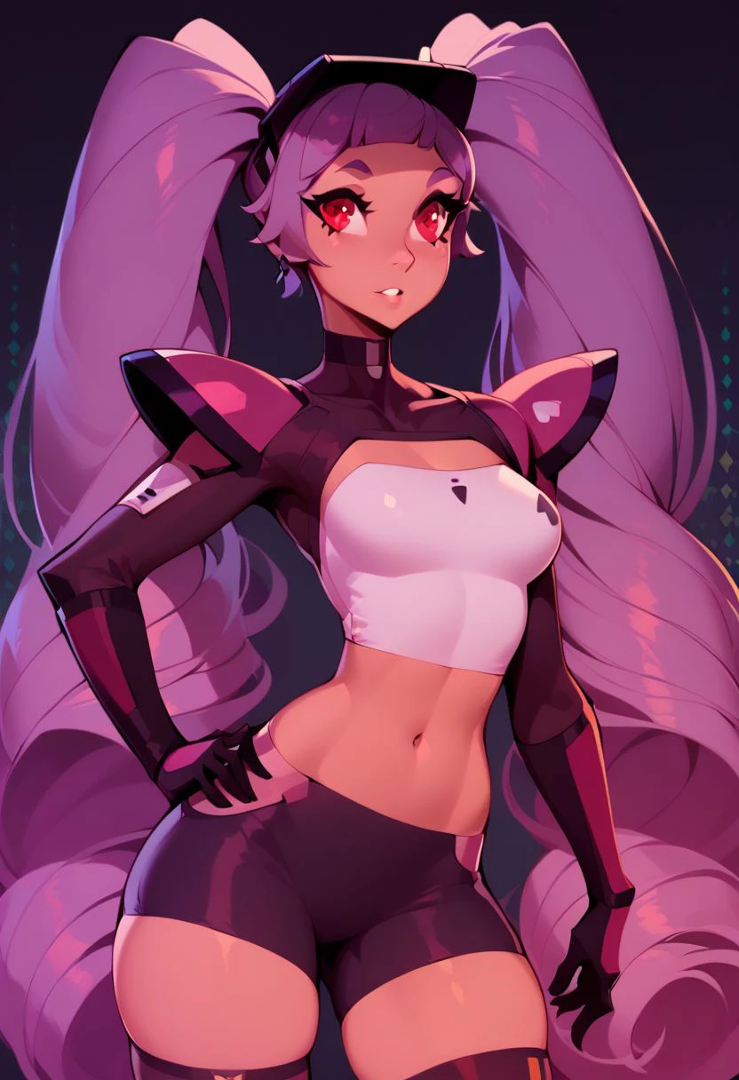 score_9, score_8_up, score_8, medium breasts, (curvy), cute, eyelashes,     
zzNill, 
BREAK,
zzEntrapta, red eyes, purple hair, long hair, twintails, very long hair,
BREAK,
thighhighs, navel, jewelry, medium breasts, cowboy shot, earrings, parted lips, shorts, choker, midriff, armor, short shorts, skindentation, black choker, shoulder armor,
abstract background, zigzag pattern in background, 
hand on hip, 
zPDXL,