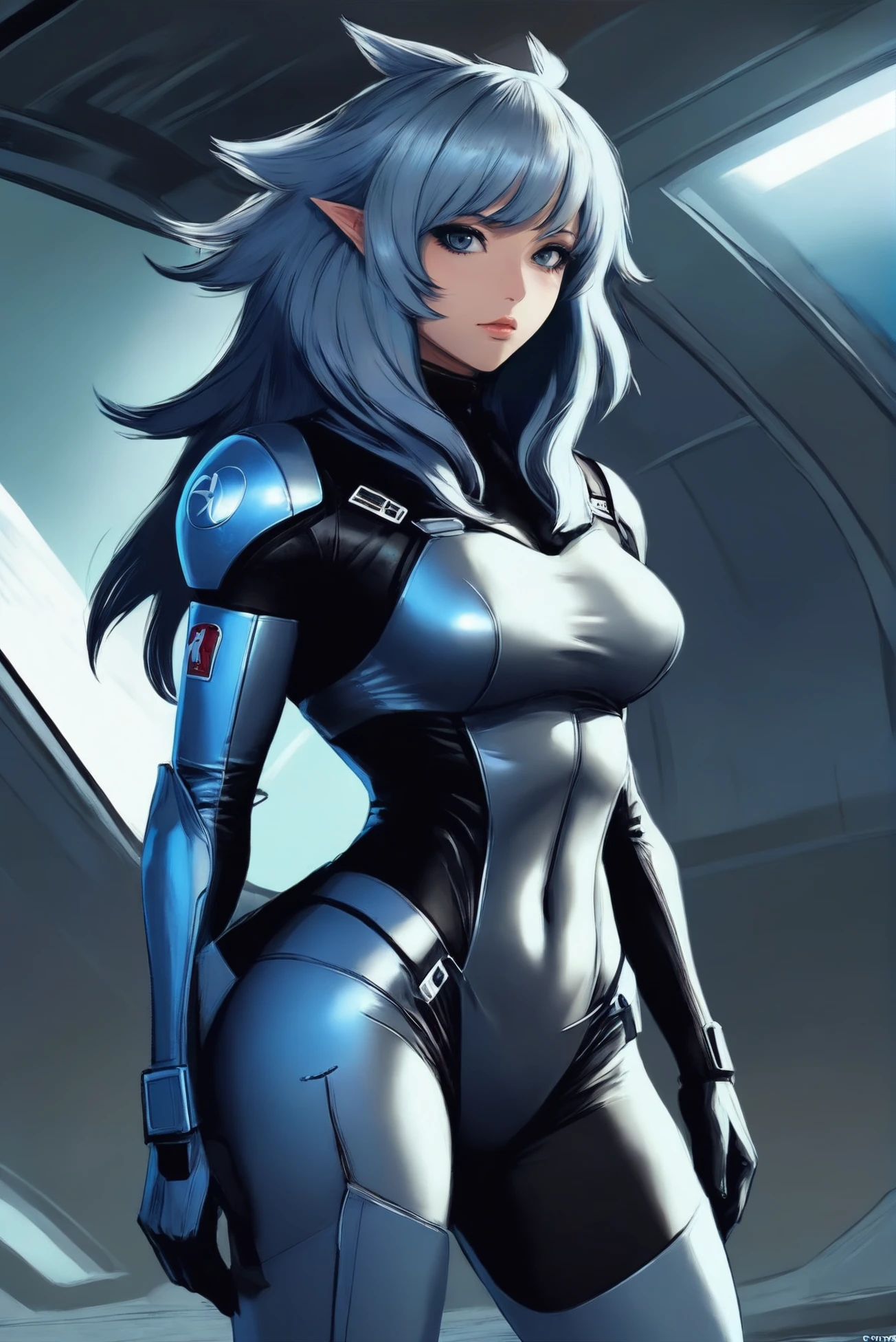 anime digital painting, 1girl, woman, scifi, far future,"new weird", starfighter pilot, full body, wearing skin-tight infra light color:darkgray clothing, bombshell hair, gray hair, long hair, toned body, athletic build, narrow waist, wide hips, small breasts, caucasian, Agricultural Land<lora:EnvyStarlightDivergent01e:1.25>