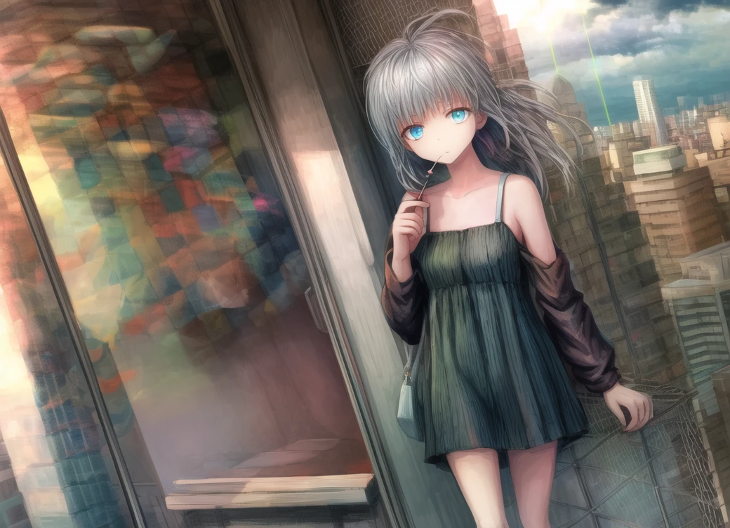 lofi,<lora:lofi85:1>,<lora:more_details:1>,(masterpiece), (best quality), highly detailed, ultra-detailed, rooftop, solo, (1girl), (detailed eyes), expressionless, (smoking), (smoke), (fluttering dress), (light breeze), (cityscape background), (daytime), (bright sky), (soft clouds), (slightly messy hair), (long hair), (black dress), (modern), (anime style), (sunlight), (soft shadows), (fence), (bag), (windy)