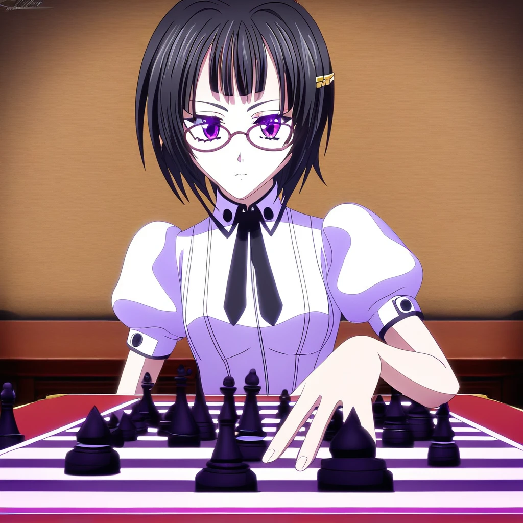 Masterpiece, best quality, high quality, highres, 4k, detailed face, Expressiveh, sona sitri, black hair, purple eyes, glasses, expressionless, short hair, center-flap bangs, small breasts, pov across table, chess board,