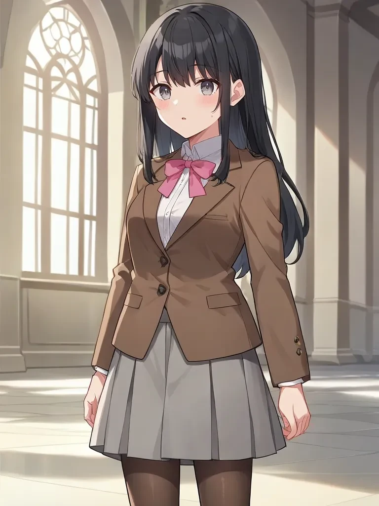 rating_safe, score_9, score_8_up, score_7_up, source_anime, 2d, anime_screencap <lora:noblerosepony:1>,
1girl, maikanoblerosegame, black hair, long hair, grey eyes, brown blazer, white shirt, pink ribbon, grey skirt, brown pantyhouse, standing, indoors, mansion, parted lips, cowboy shot