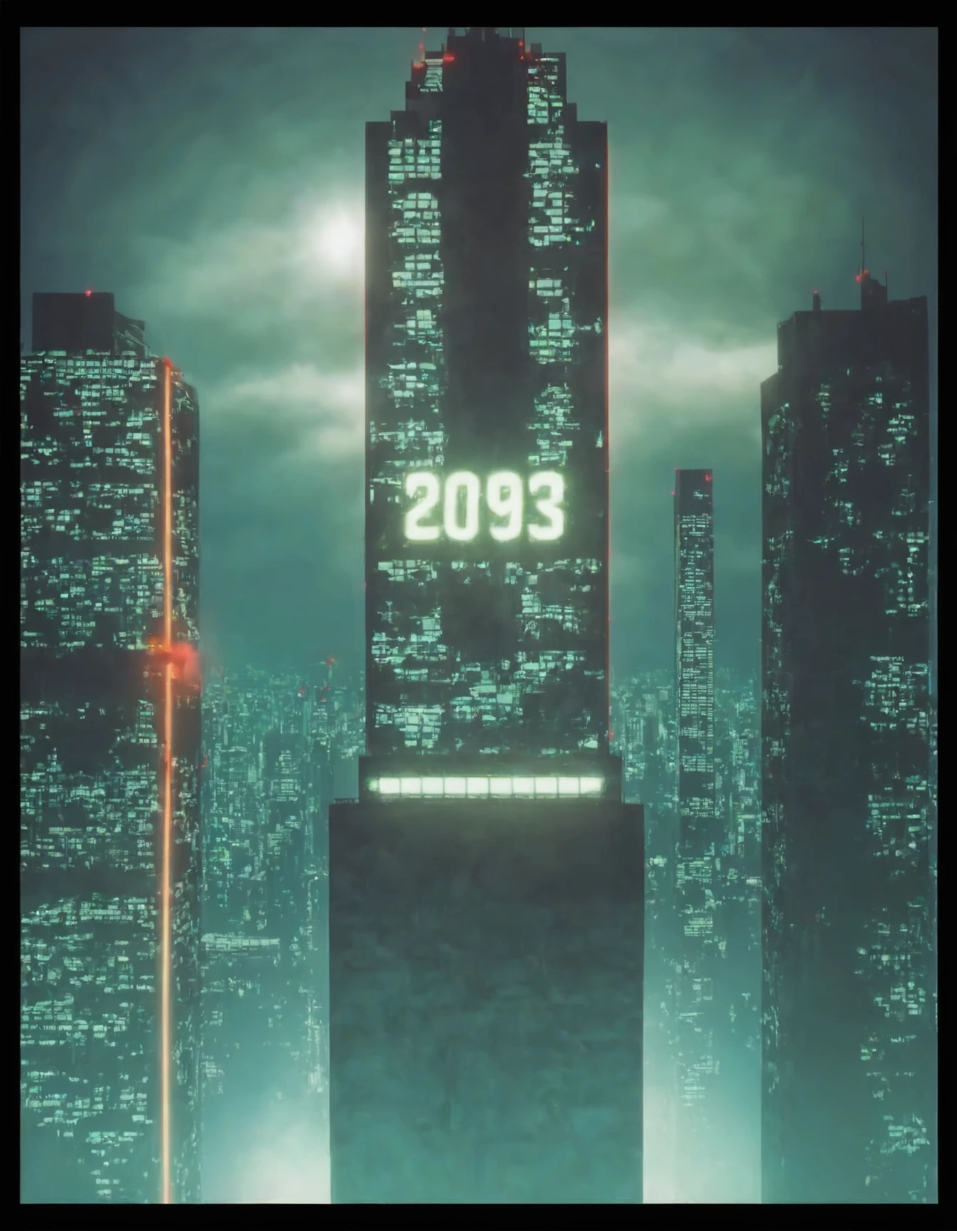 no humans, building, city, scenery, skyscraper, science fiction, sky, cloud, cityscape, cloudy sky, black border, outdoors, neon lights, 2093, <lora:LyfeStyle-000005:1>