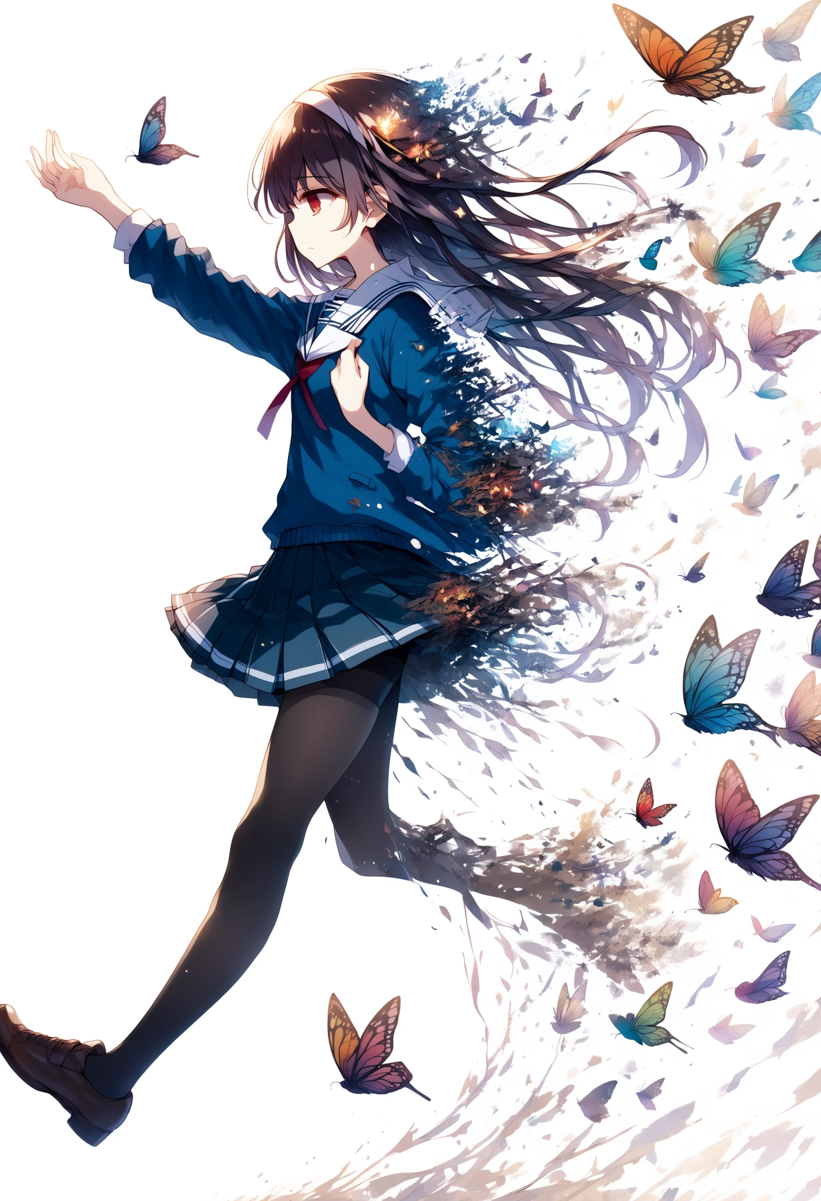 score_9, score_8_up, score_7_up, source anime, dissolving, disintegration, digital dissolve, kasumigaoka utaha, 1girl, bug, butterfly, red eyes, long hair, hairband, black hair, school uniform, pleated skirt, thighband pantyhose, loafers, floating hair, hands up, white background, from side, <lora:dissolving-xl-pony-v2-000008:1.2>, <lora:utaha-xl-pony-v3-000006:1>,