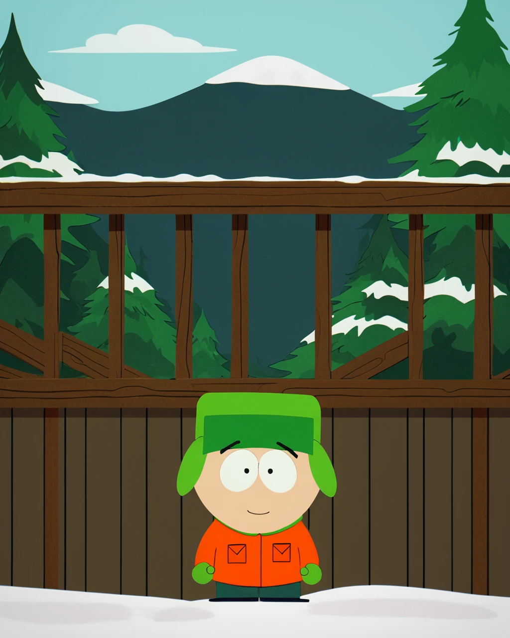 score_9, score_8_up, score_7_up, zPDXL, Kyle Broflovski, Green Ushanka, orange jacket, green mittens, SPstyle, source_cartoon, 2D, smile, male focus, looking at viewer, closed mouth, snow, tree, wood fence<lora:South_Park_Style_r1:1>