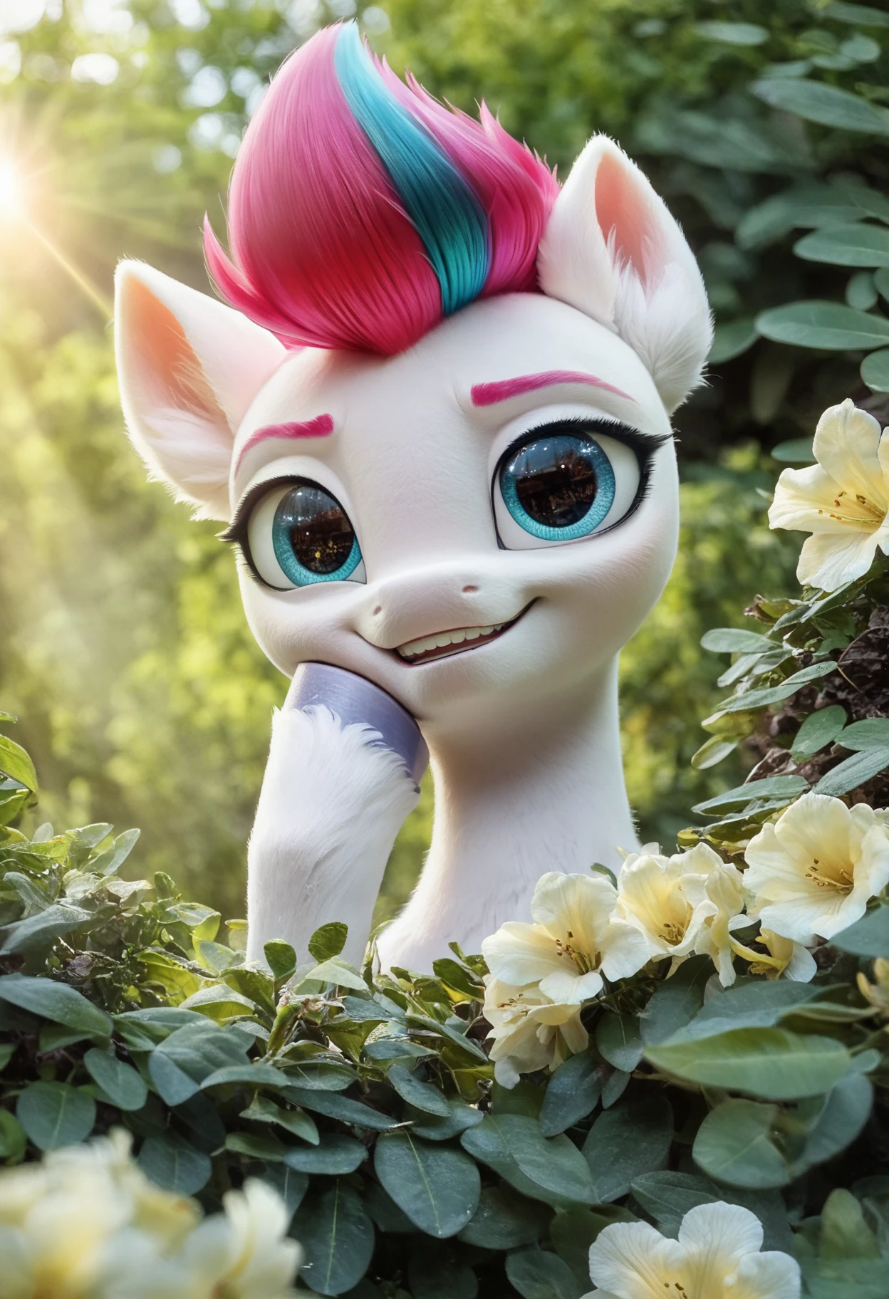 score_9, score_8_up, score_7_up, photo of fl0rAmar1ya flower bush, Zipp Storm, cute, little, fuzzy pony, fur, high quality, detailed, beautiful, shiny, adorable face, detailed beautiful eyes, diadema, sunlight, outstanding, countershading, detailed soft lighting, ear fluff, hoof on face, vintage, realistic, photography, cinematic, cinema still, volumetric lighting <lora:fl0rAmar1ya_v111-000002:0.8>