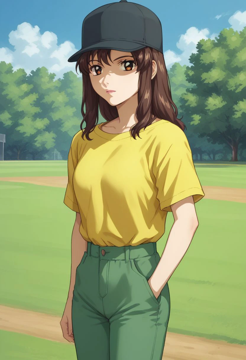 score_9, score_8_up, score_7_up, source_anime, 
murrue, 1girl, hat, brown hair, brown eyes, solo, baseball cap, yellow shirt,  pants, green pants, 
outdoor,