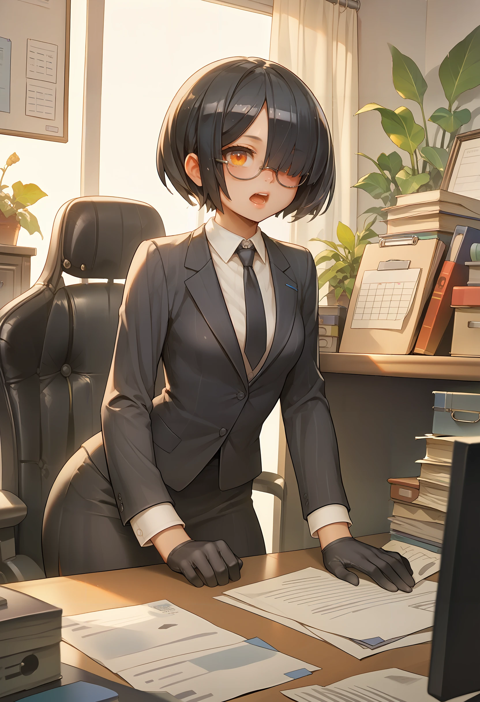 score_9, score_8_up, score_7_up, score_6_up, source_anime, masterpiece, newest,
1girl, solo, skinny, black clothing, suit, tie, gloves, black hair, hair covering eye, bob haircut, partial fade, multicolored hair, glasses, open mouth, office, photocopier,
shiny skin,