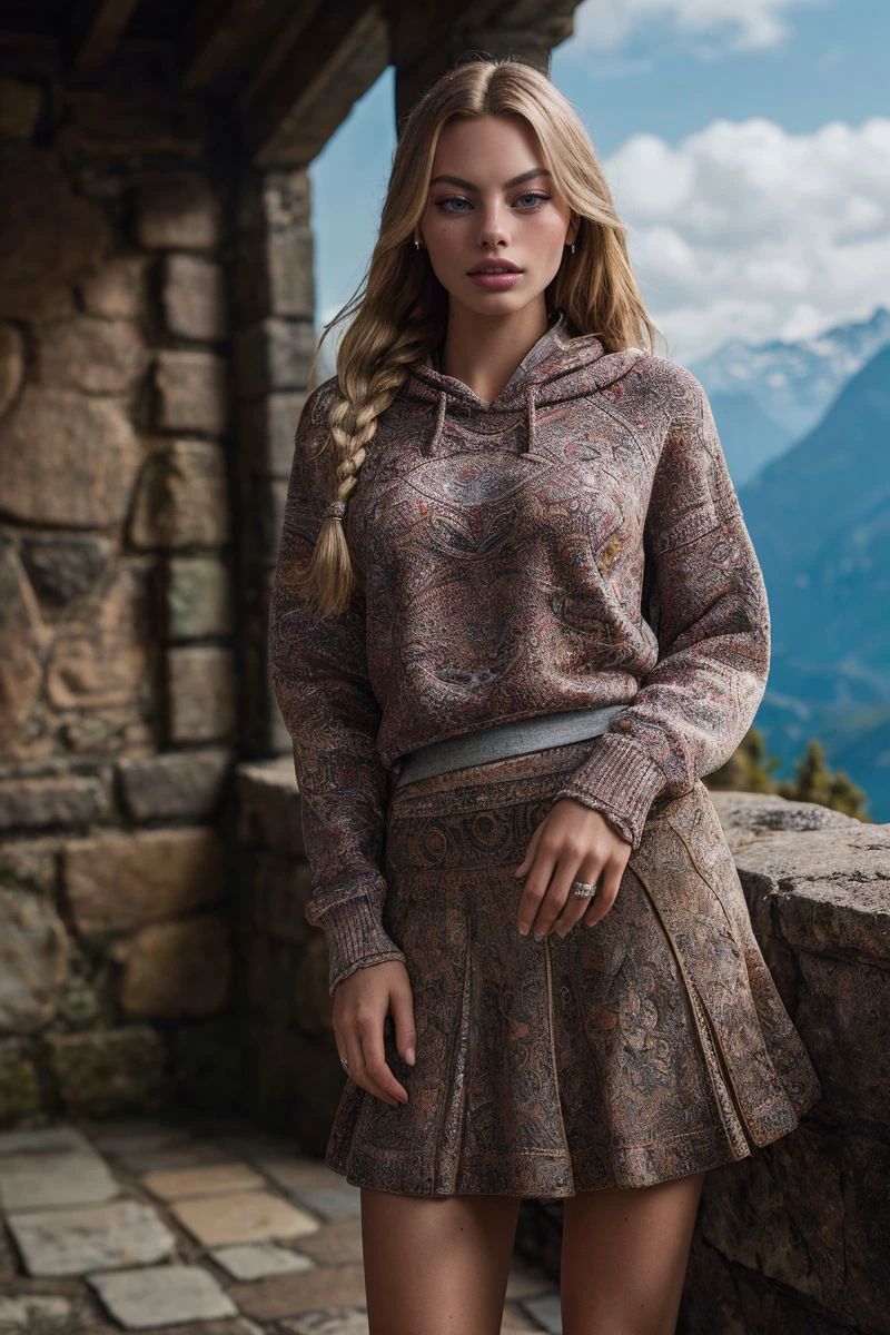 photo of S438_AshleyGraves,a stylish woman,in a (mountain-ruin:1.1),wearing a (sweatshirt),(skirt),(braid),(4k, RAW photo, best quality, 50mm, depth of field, ultra high res:1.1),(intricate, photorealistic, cinematic-shot, masterpiece, ultra-detailed:1.1),