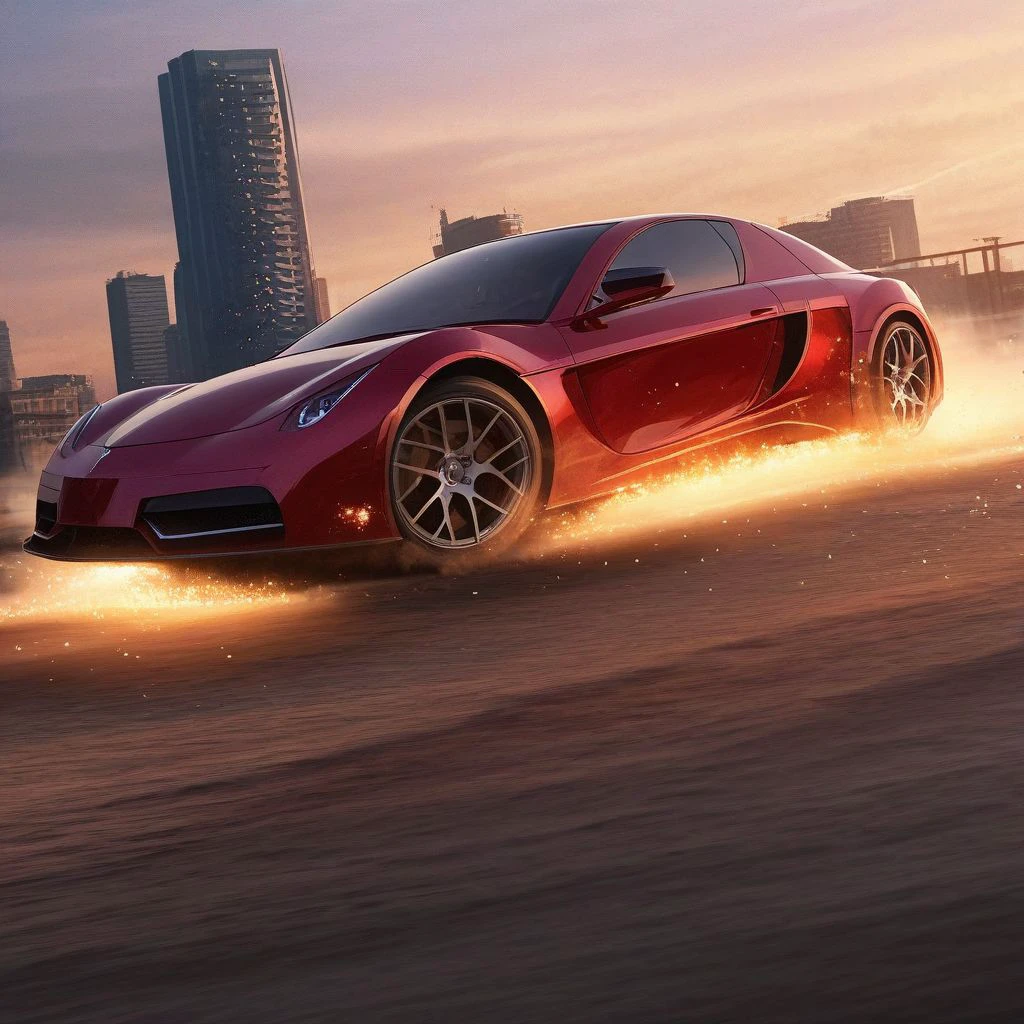 Vehicle, Vega EVX car driving fast, low angle, realistic, cityscape in the background, volumetric lighting, bloom, dust particles, depth of field, dynamic angle, rule of thirds, vivid, vivid color sky, worm under glow, three quarter angle