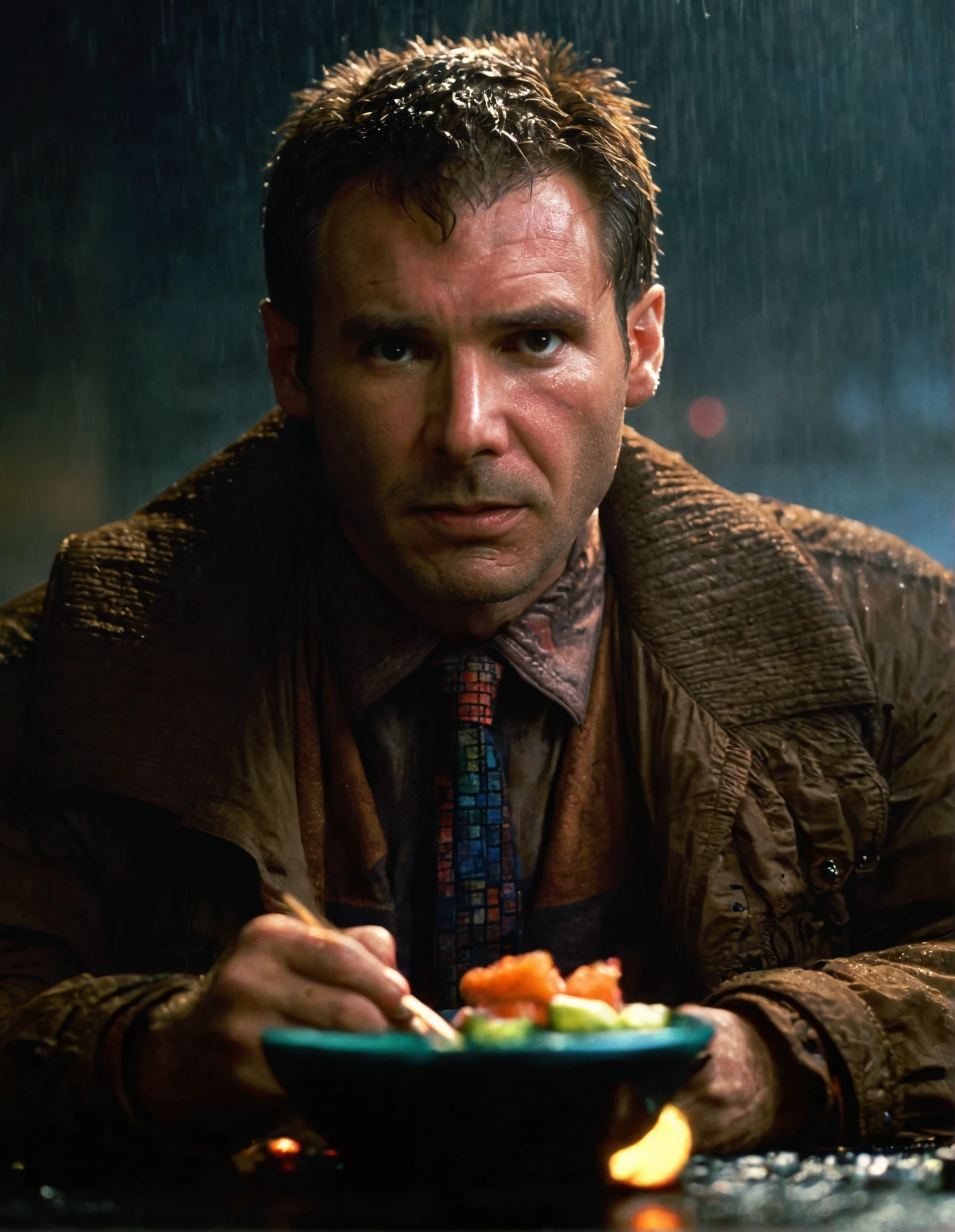 dck,high resolution photo,brown jacket,multicolored shirt and tie,sitting,eating with chopsticks,raining,blade runner background,gloomy,dimly lit
,volumetric lighting,volumetric fog,front view,cinematic,movie still,looking at viewer,volumetric lighting,rim lighting,illuminated face,realistic skin,pores,sweaty skin